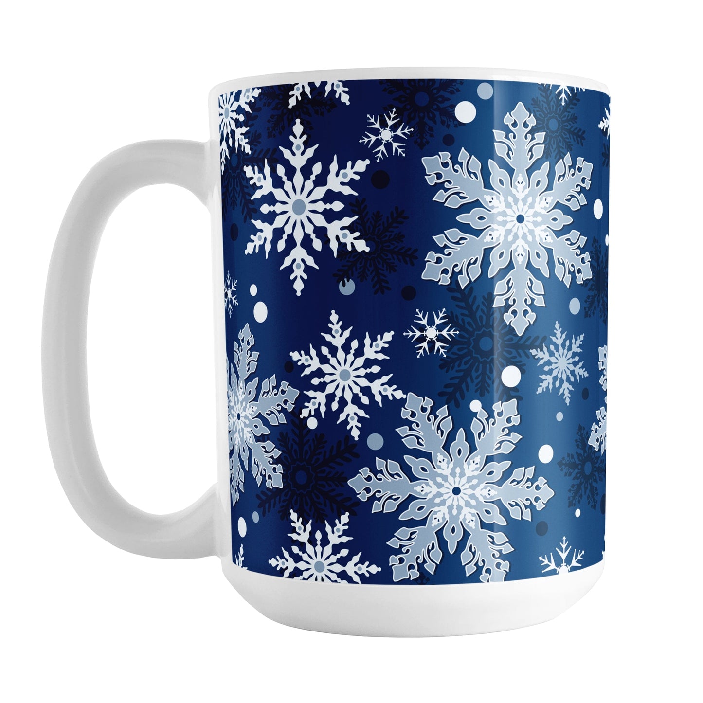 Classic Blue Snowflake Pattern Winter Mug (15oz) at Amy's Coffee Mugs. A ceramic coffee mug designed with a pattern of different shades of blue snowflakes over a classic blue background color that wraps around the mug.