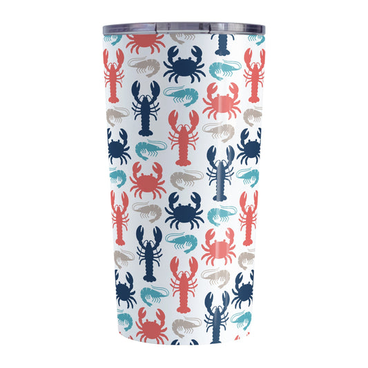 Coastal Crustaceans Tumbler Cup (20oz) at Amy's Coffee Mugs. A stainless steel tumbler cup with crabs, lobsters, and shrimp, in colors of ocean navy, coral red, sand beige, and teal, in a pattern that wraps around the cup.