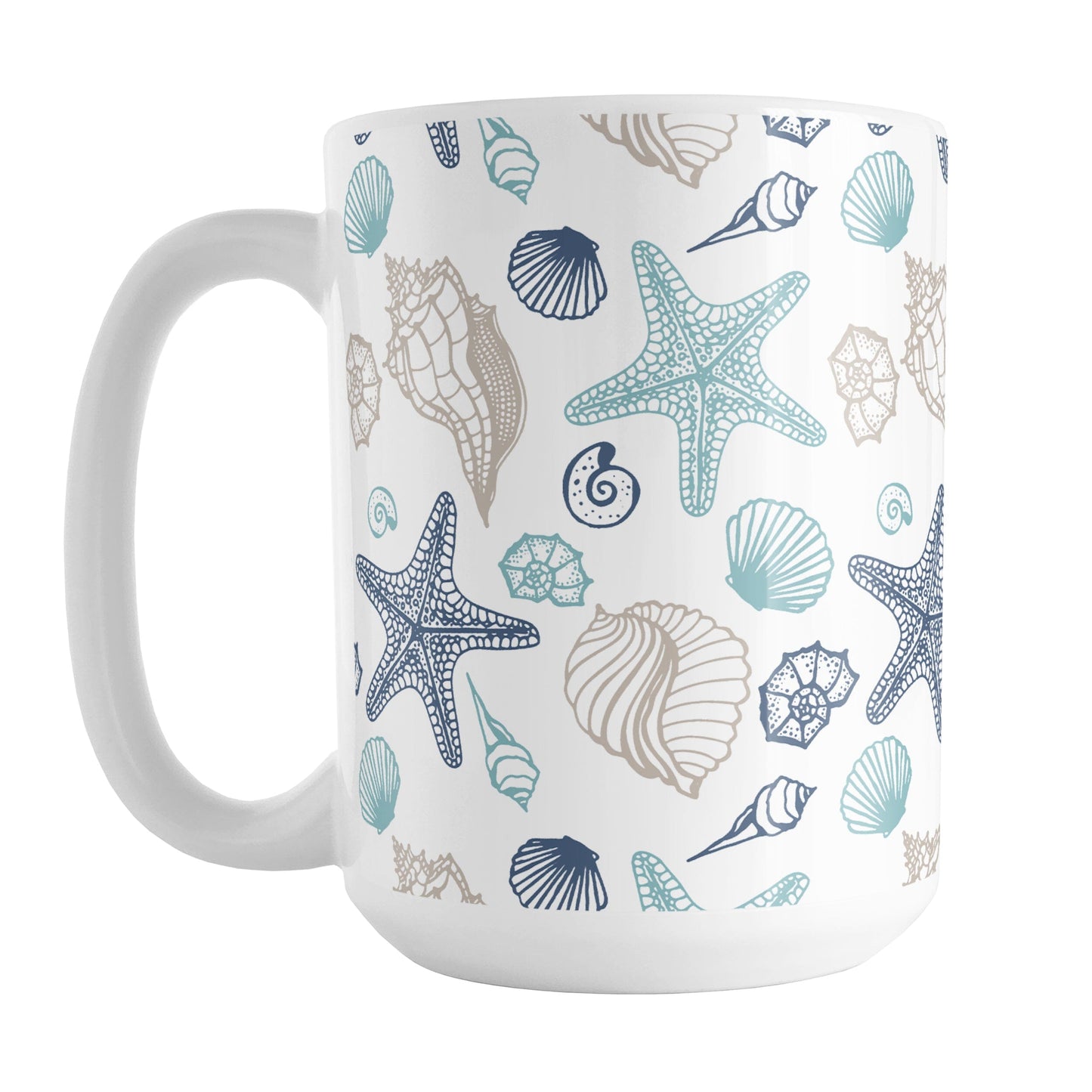 Coastal Seashells Pattern Mug (15oz) at Amy's Coffee Mugs. A ceramic coffee mug with a summer beach-inspired pattern of seashells in navy blue, teal, and sandy beige over white that wraps around the mug up to the handle.