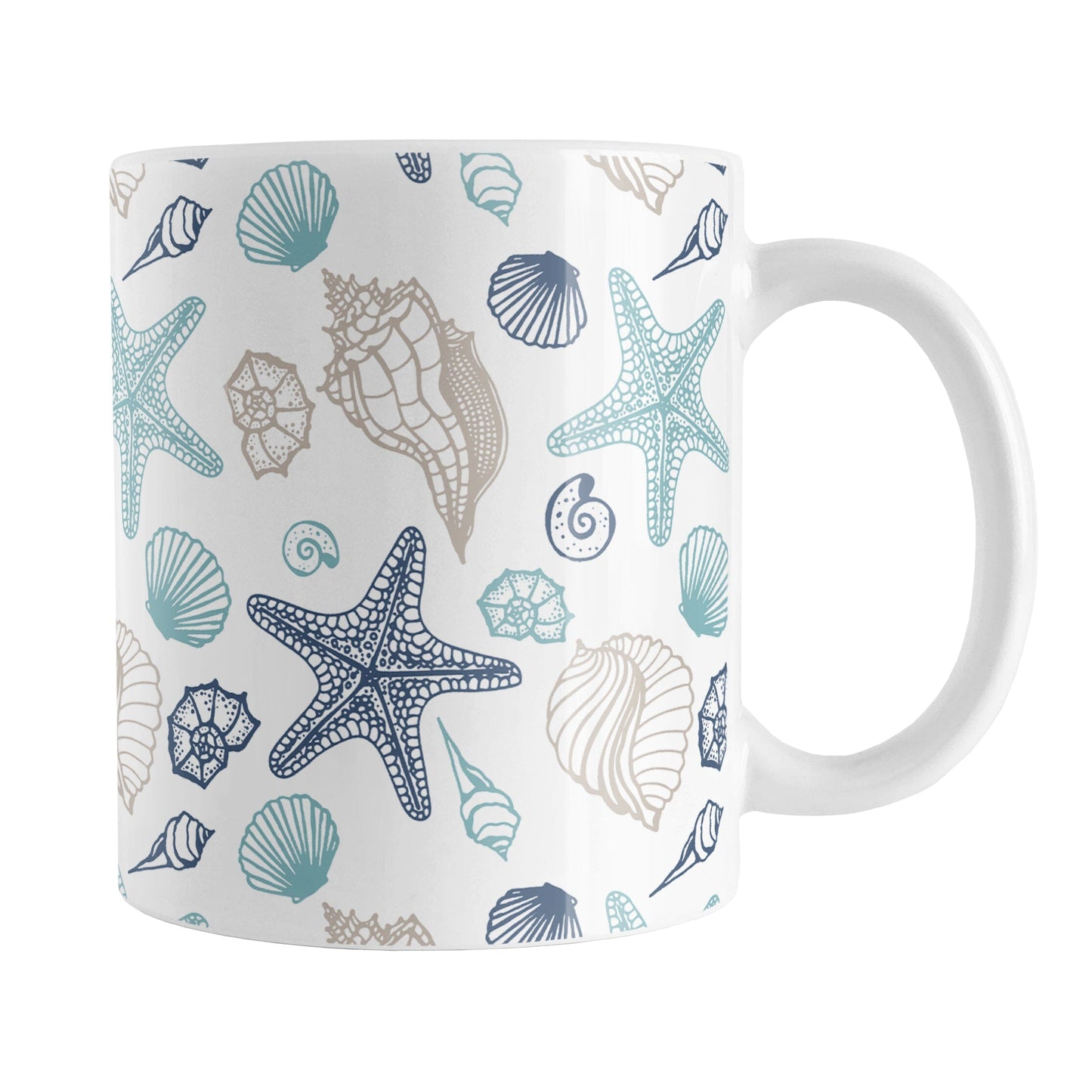 Coastal Seashells Pattern Mug (11oz) at Amy's Coffee Mugs. A ceramic coffee mug with a summer beach-inspired pattern of seashells in navy blue, teal, and sandy beige over white that wraps around the mug up to the handle.
