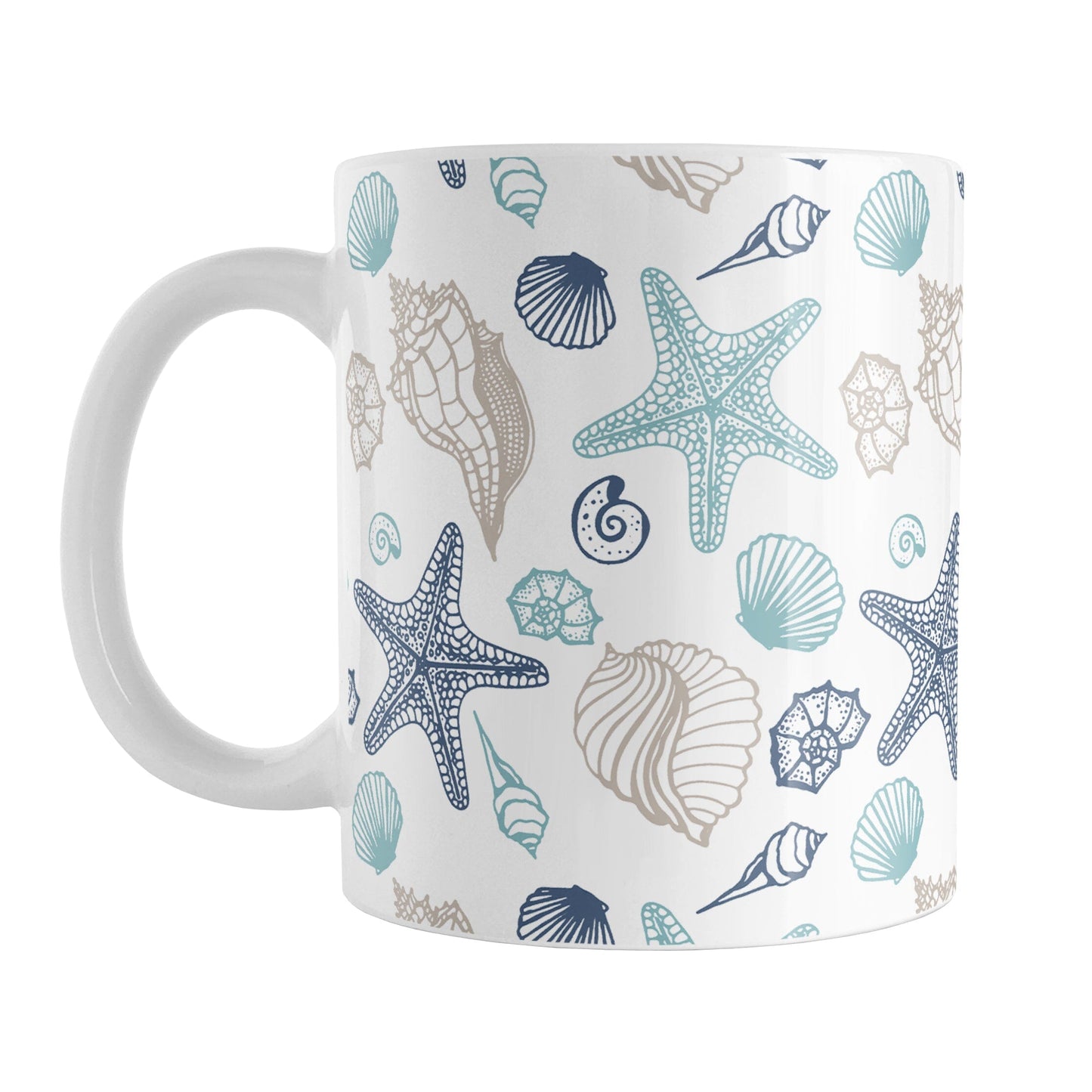 Coastal Seashells Pattern Mug (11oz) at Amy's Coffee Mugs. A ceramic coffee mug with a summer beach-inspired pattern of seashells in navy blue, teal, and sandy beige over white that wraps around the mug up to the handle.