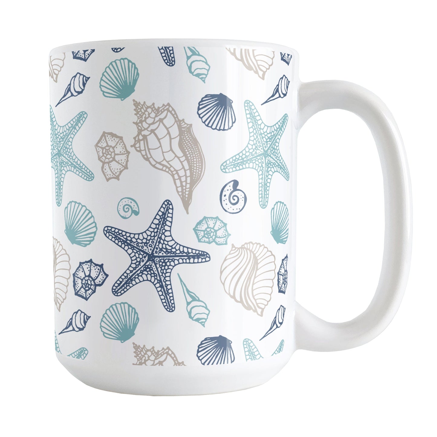Coastal Seashells Pattern Mug (15oz) at Amy's Coffee Mugs. A ceramic coffee mug with a summer beach-inspired pattern of seashells in navy blue, teal, and sandy beige over white that wraps around the mug up to the handle.