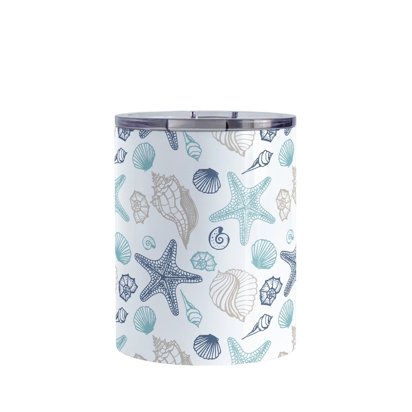 Coastal Seashells Pattern Tumbler Cup (10oz) at Amy's Coffee Mugs. A stainless steel tumbler cup with a summer beach-inspired pattern of seashells in navy blue, teal, and sandy beige over white that wraps around the cup.