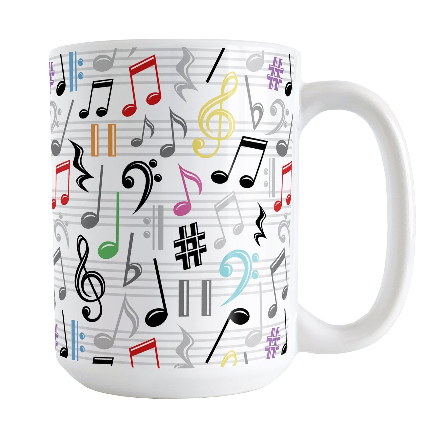 Colorful Music Notes Pattern Mug (15oz) at Amy's Coffee Mugs. A ceramic coffee mug designed with music notes and symbols in colorful rainbow colors, along with black and gray, in a pattern that wraps around the mug to the handle.