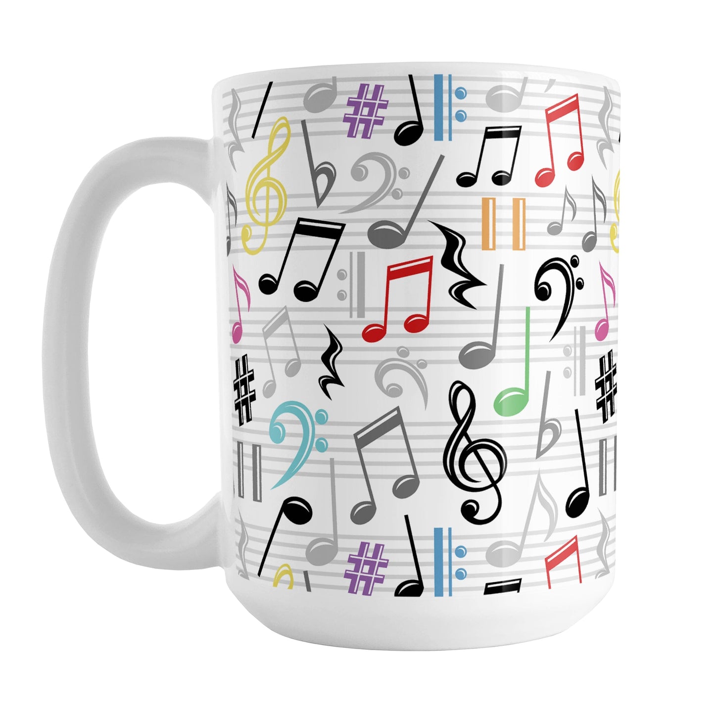 Colorful Music Notes Pattern Mug (15oz) at Amy's Coffee Mugs. A ceramic coffee mug designed with music notes and symbols in colorful rainbow colors, along with black and gray, in a pattern that wraps around the mug to the handle.