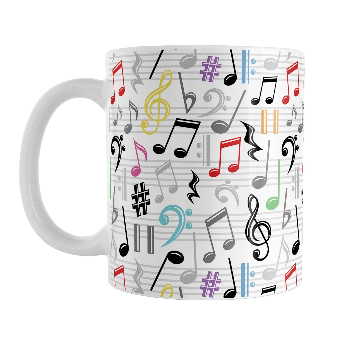 Colorful Music Notes Pattern Mug (11oz) at Amy's Coffee Mugs. A ceramic coffee mug designed with music notes and symbols in colorful rainbow colors, along with black and gray, in a pattern that wraps around the mug to the handle.