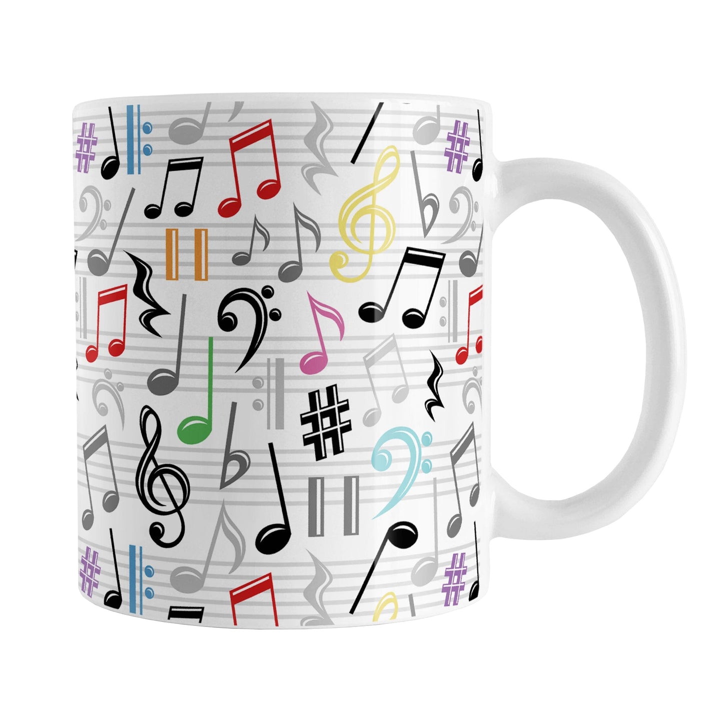 Colorful Music Notes Pattern Mug (11oz) at Amy's Coffee Mugs. A ceramic coffee mug designed with music notes and symbols in colorful rainbow colors, along with black and gray, in a pattern that wraps around the mug to the handle.