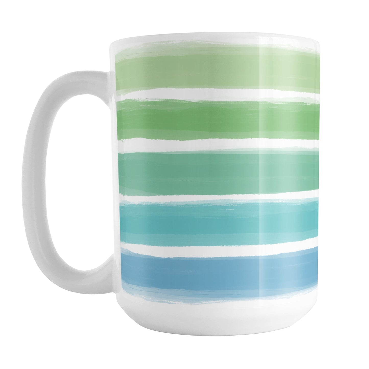 Cool Paint Strokes Mug (15oz) at Amy's Coffee Mugs. A ceramic coffee mug designed with a pattern of horizontal stripes done in a paint strokes illustration in cool colors that wraps around the mug to the handle. These cool colors include green, teal, and blue tones.
