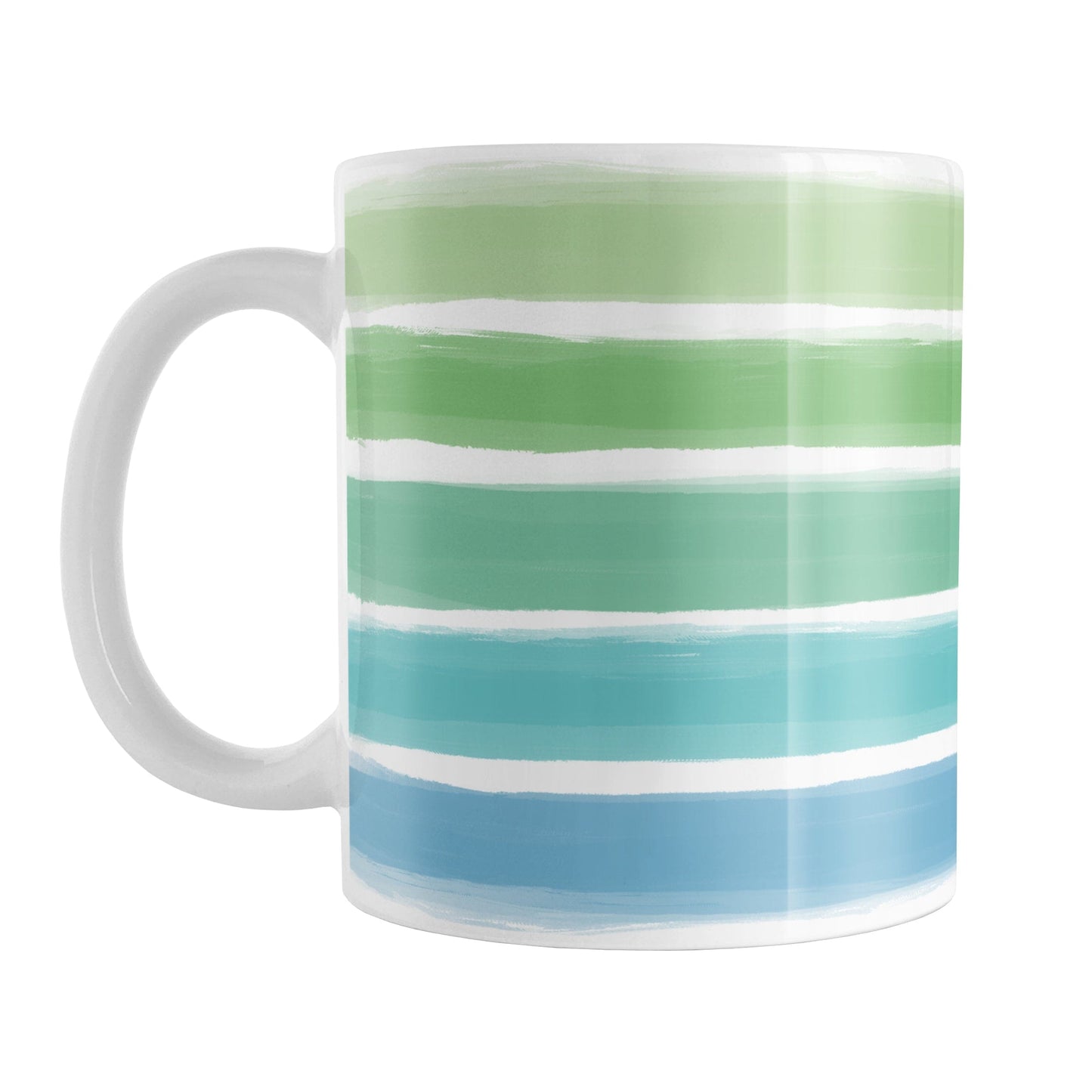 Cool Paint Strokes Mug (11oz) at Amy's Coffee Mugs. A ceramic coffee mug designed with a pattern of horizontal stripes done in a paint strokes illustration in cool colors that wraps around the mug to the handle. These cool colors include green, teal, and blue tones.