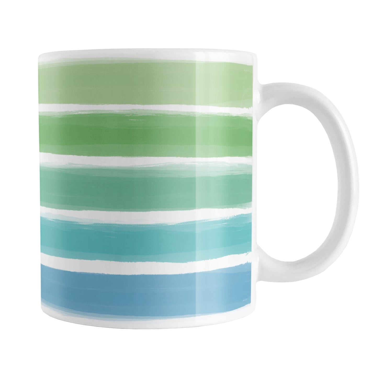 Cool Paint Strokes Mug (11oz) at Amy's Coffee Mugs. A ceramic coffee mug designed with a pattern of horizontal stripes done in a paint strokes illustration in cool colors that wraps around the mug to the handle. These cool colors include green, teal, and blue tones.