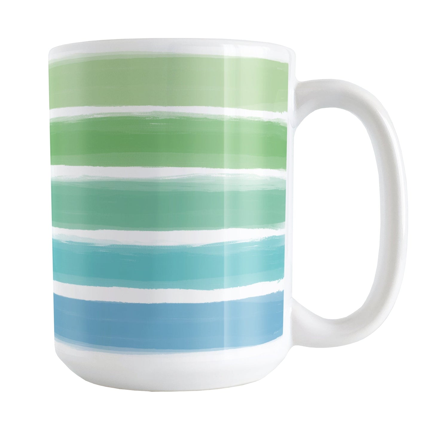 Cool Paint Strokes Mug (15oz) at Amy's Coffee Mugs. A ceramic coffee mug designed with a pattern of horizontal stripes done in a paint strokes illustration in cool colors that wraps around the mug to the handle. These cool colors include green, teal, and blue tones.
