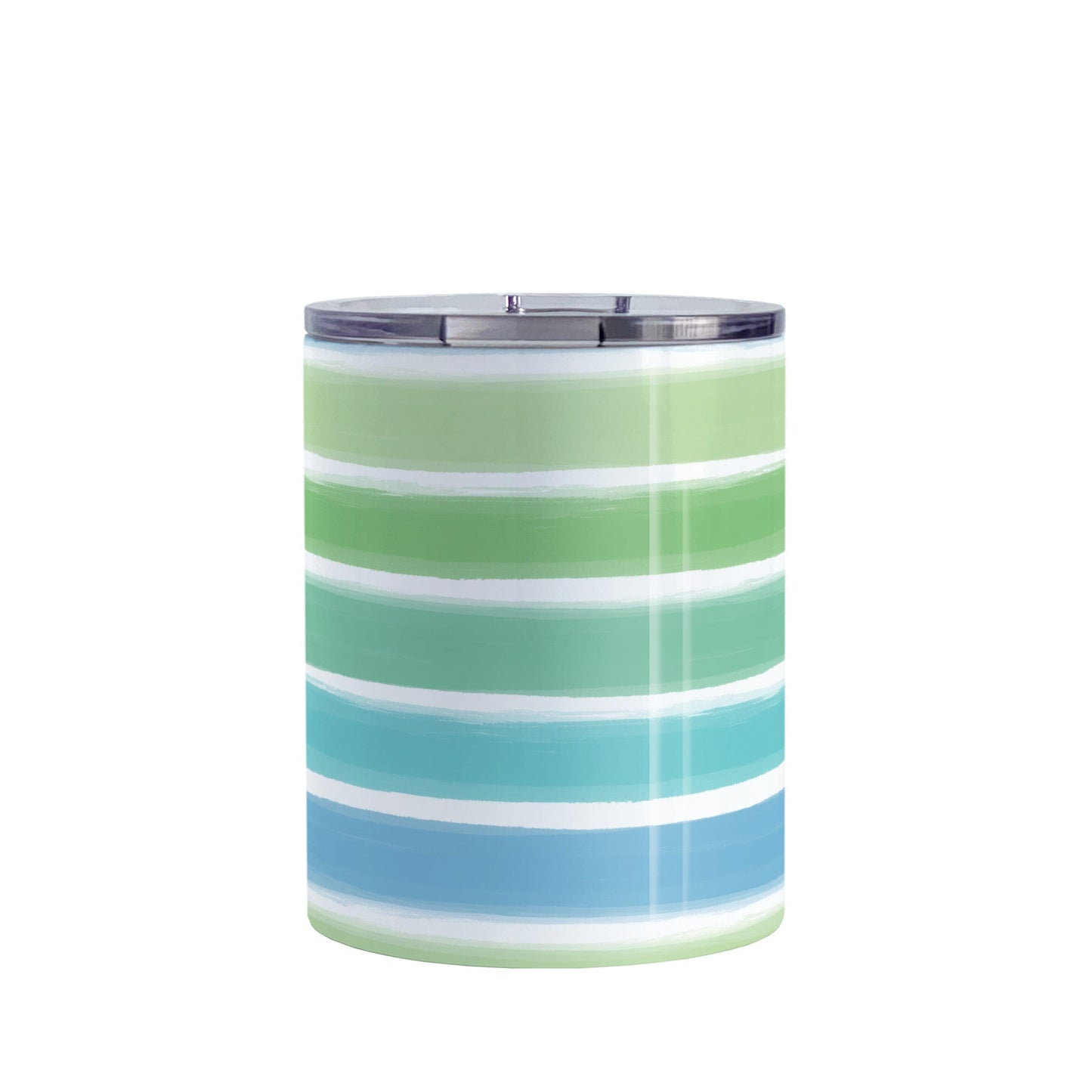 Cool Paint Strokes Tumbler Cup (10oz) at Amy's Coffee Mugs. A stainless steel tumbler cup designed with a pattern of horizontal stripes done in a paint strokes illustration in cool colors that wraps around the cup. These cool colors include green, teal, blue tones.
