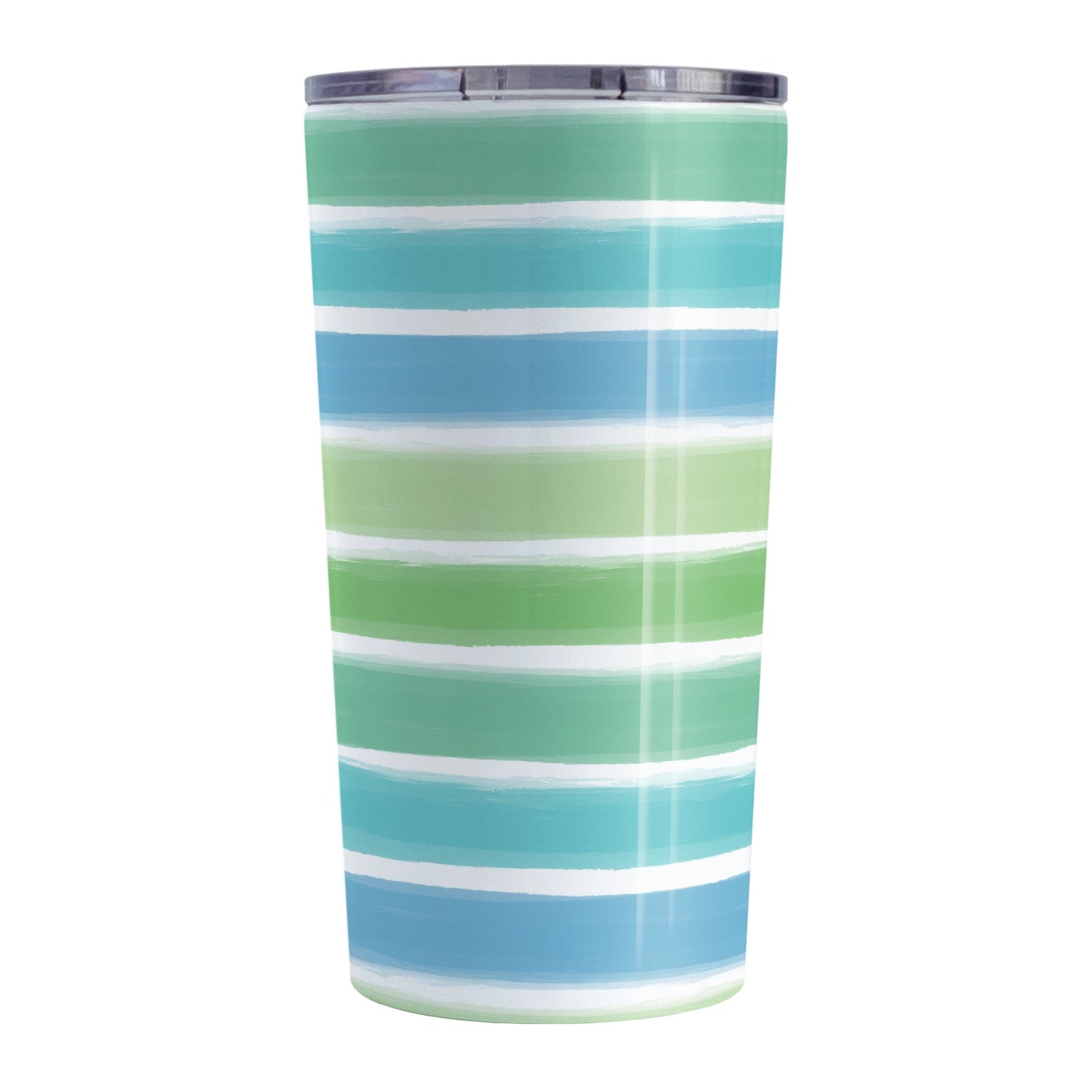 Cool Paint Strokes Tumbler Cup (20oz) at Amy's Coffee Mugs. A stainless steel tumbler cup designed with a pattern of horizontal stripes done in a paint strokes illustration in cool colors that wraps around the cup. These cool colors include green, teal, blue tones.