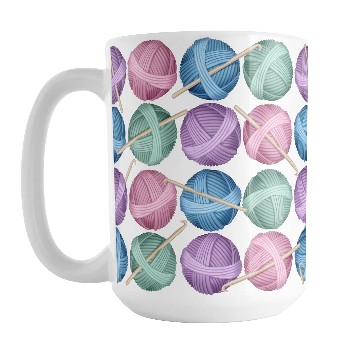 Crochet Yarn Pattern Mug (15oz) at Amy's Coffee Mugs. A ceramic coffee mug designed with colorful balls of yarn in blue, pink, purple, and mint green with crochet hooks in a pattern that wraps around the mug up to the handle.