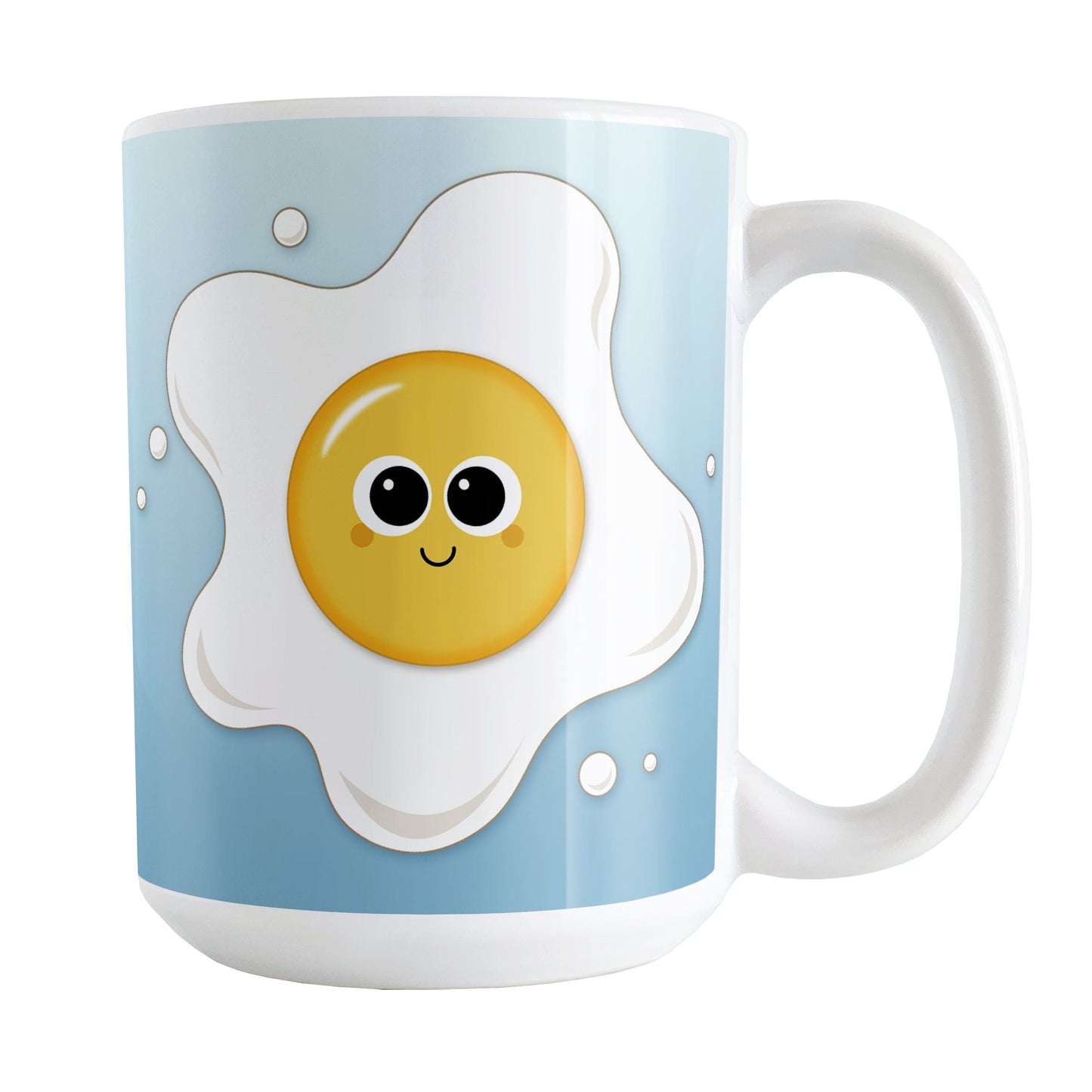 Cute Fried Egg Blue Breakfast Mug (15oz) at Amy's Coffee Mugs. A ceramic coffee mug designed with a cute and happy fried egg on both sides of the mug over a gradient blue background color that wraps around the mug up to the handle.