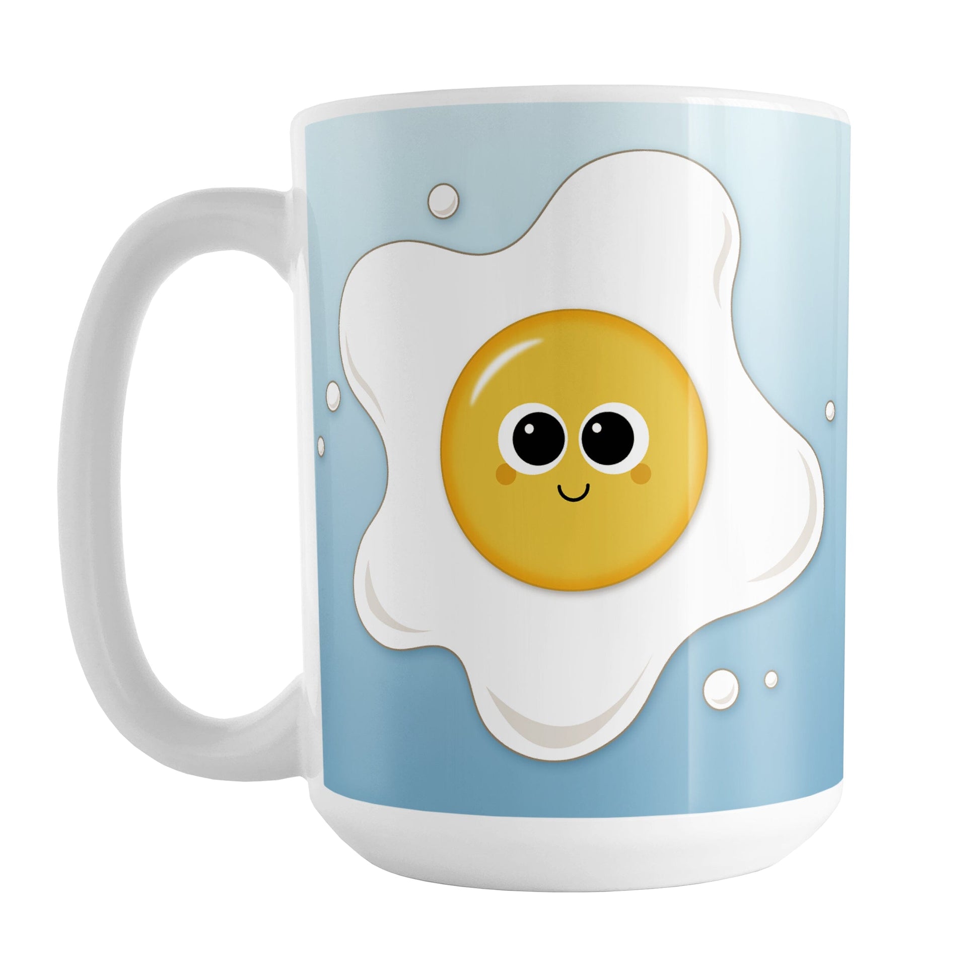 Cute Fried Egg Blue Breakfast Mug (15oz) at Amy's Coffee Mugs. A ceramic coffee mug designed with a cute and happy fried egg on both sides of the mug over a gradient blue background color that wraps around the mug up to the handle.