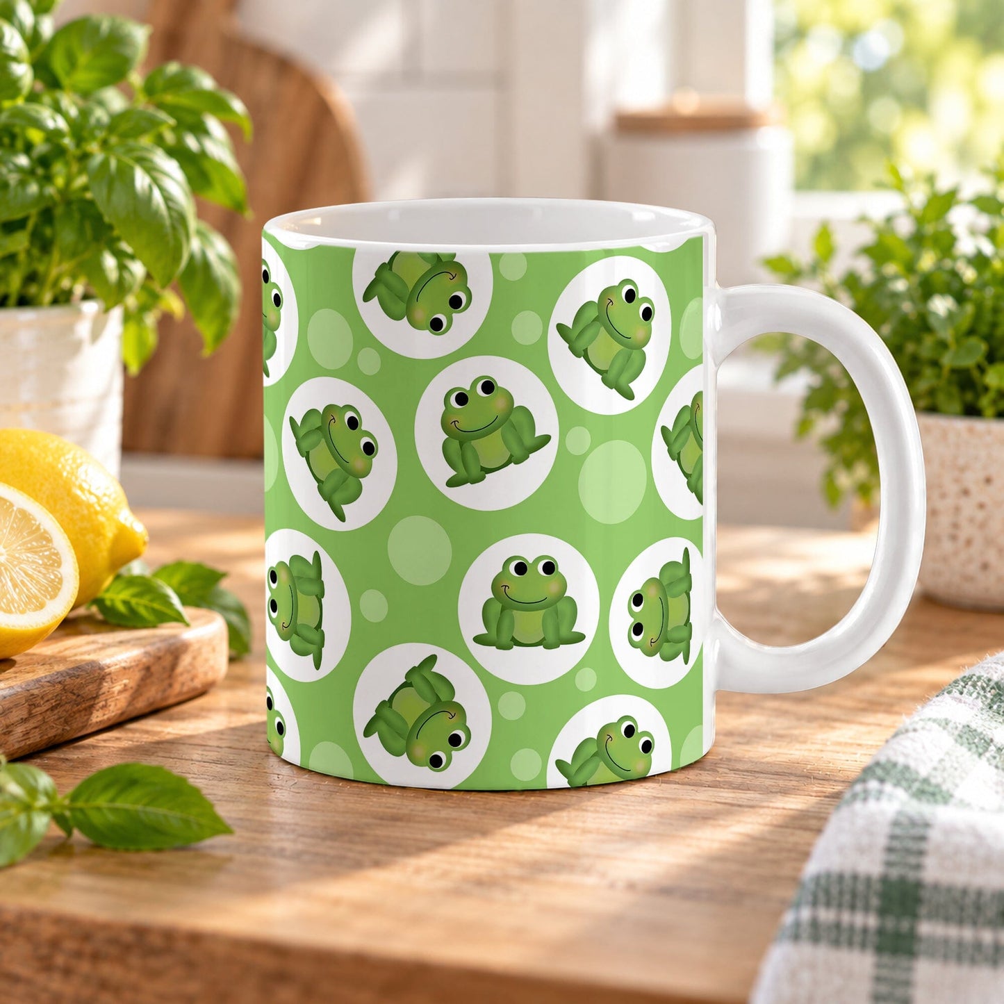 A white ceramic mug with a green and white frog pattern, set on a wooden table in a bright spring kitchen environment with a lemon, basil, and plants in the background.