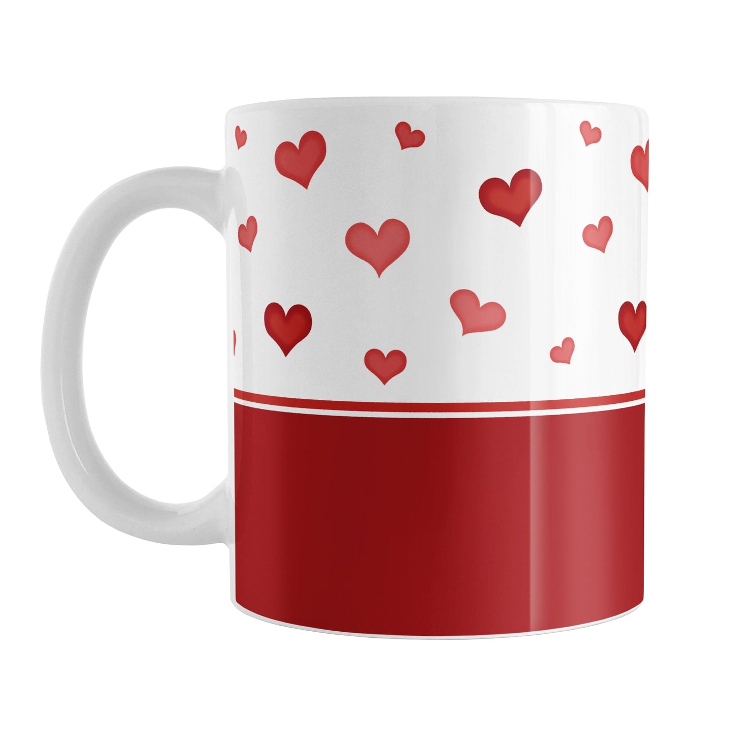 Cute Hearts and Red Mug (11oz) at Amy's Coffee Mugs. A ceramic coffee mug designed with a print of small cute hand-drawn red hearts in different shades of red in a pattern along the top and a tall darker red stripe along the bottom that wraps around the mug to the handle.
