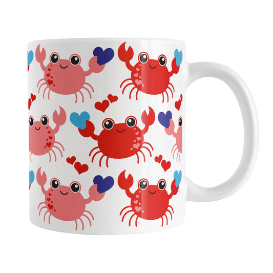 11oz white ceramic coffee mug with an adorable red crabs holding blue hearts design