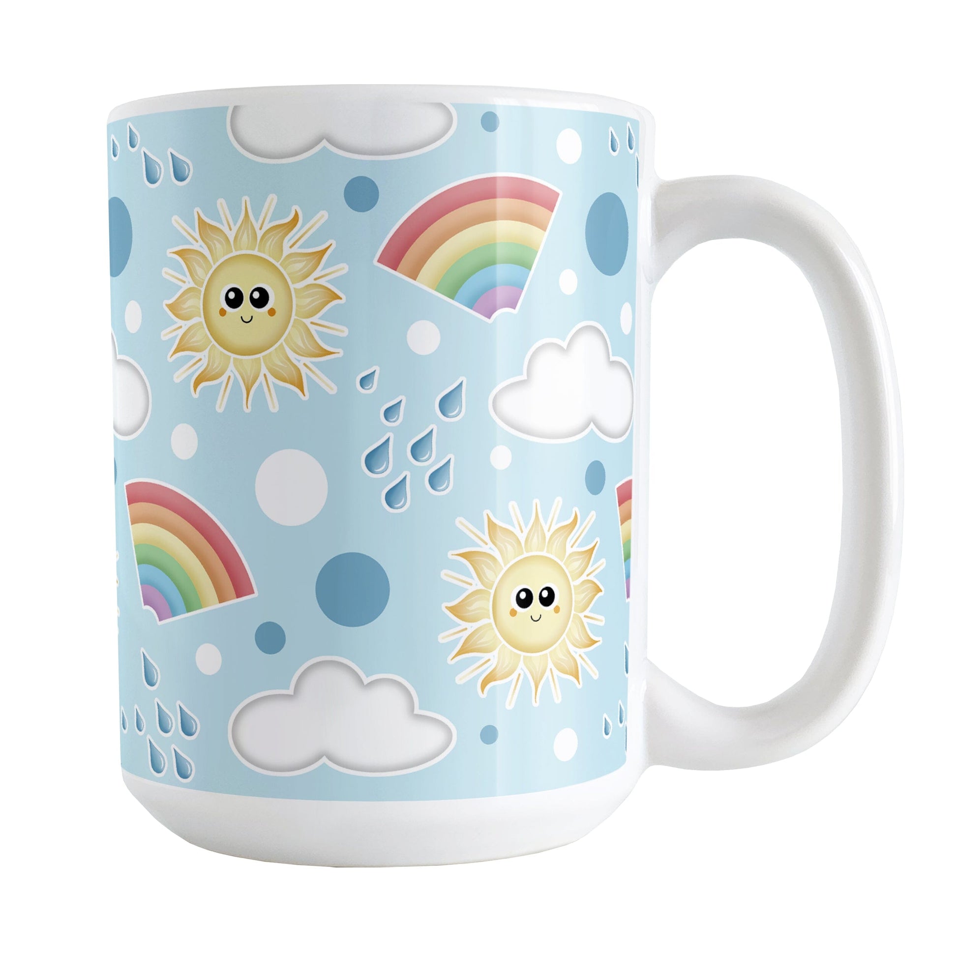 Cute Sunshine and Rainbows Mug (15oz) at Amy's Coffee Mugs. A ceramic coffee mug designed with happy and smiling yellow suns, colorful rainbows, raindrops, and clouds over a blue sky background color in a pattern that wraps around the mug to the handle.