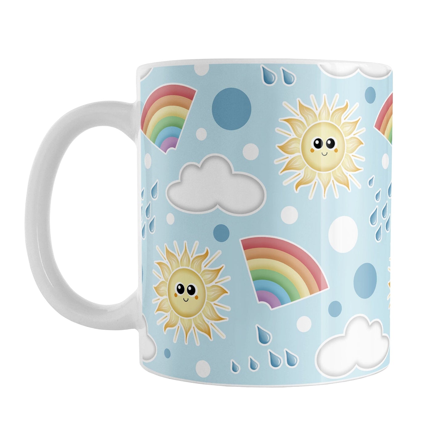 Cute Sunshine and Rainbows Mug (11oz) at Amy's Coffee Mugs. A ceramic coffee mug designed with happy and smiling yellow suns, colorful rainbows, raindrops, and clouds over a blue sky background color in a pattern that wraps around the mug to the handle.
