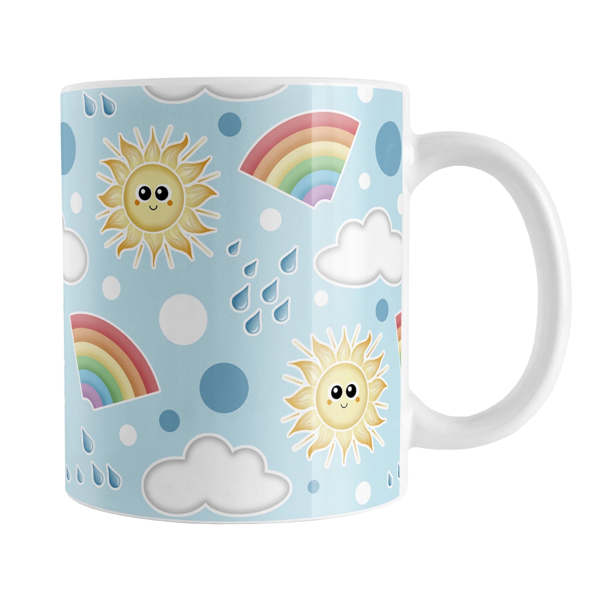 Cute Sunshine and Rainbows Mug (11oz) at Amy's Coffee Mugs. A ceramic coffee mug designed with happy and smiling yellow suns, colorful rainbows, raindrops, and clouds over a blue sky background color in a pattern that wraps around the mug to the handle.