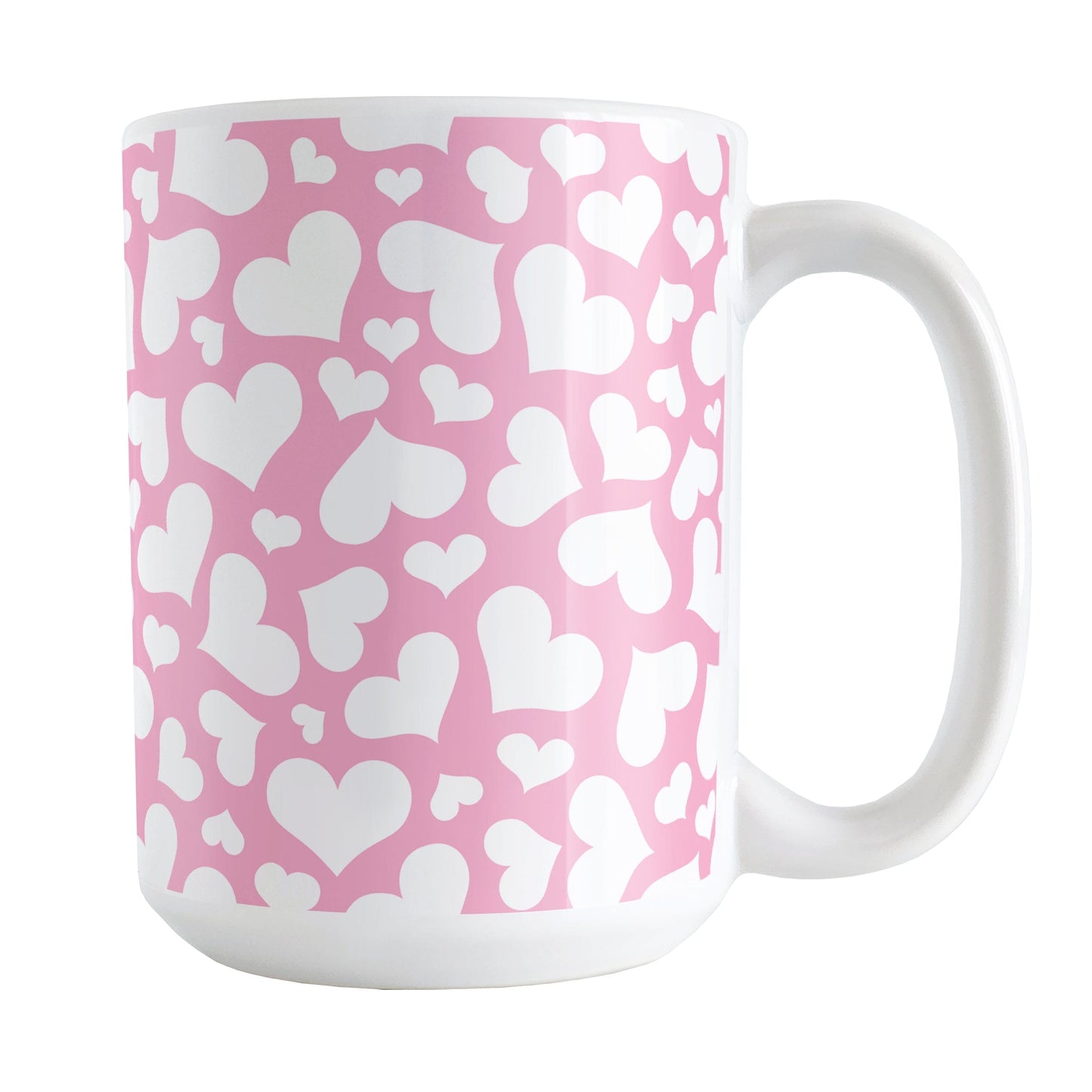 Cute White Hearts on Pink Mug (15oz) at Amy's Coffee Mugs. A ceramic coffee mug designed with a multi-directional pattern of cute white hearts over a pink background color that wraps around the mug to the handle.