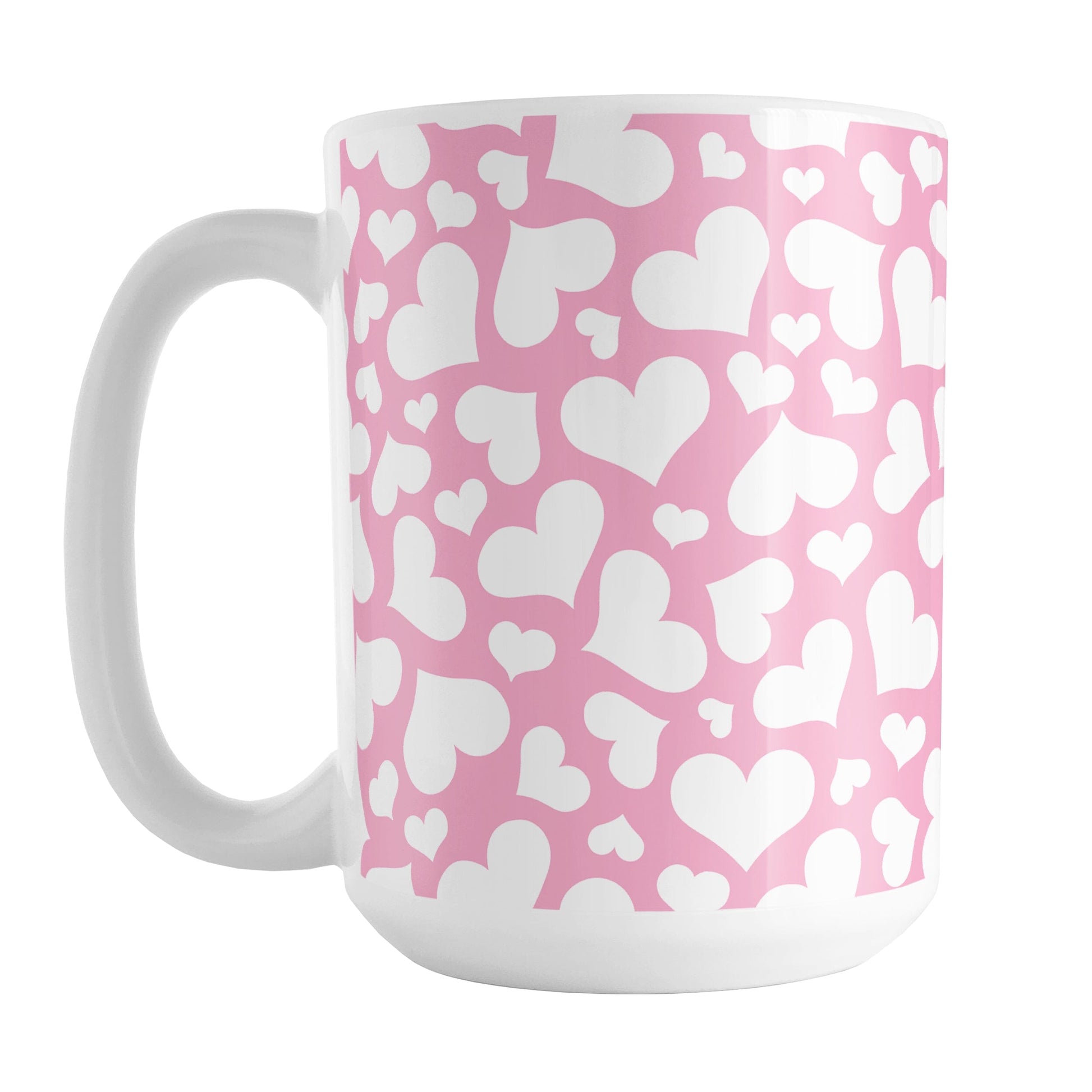 Cute White Hearts on Pink Mug (15oz) at Amy's Coffee Mugs. A ceramic coffee mug designed with a multi-directional pattern of cute white hearts over a pink background color that wraps around the mug to the handle.