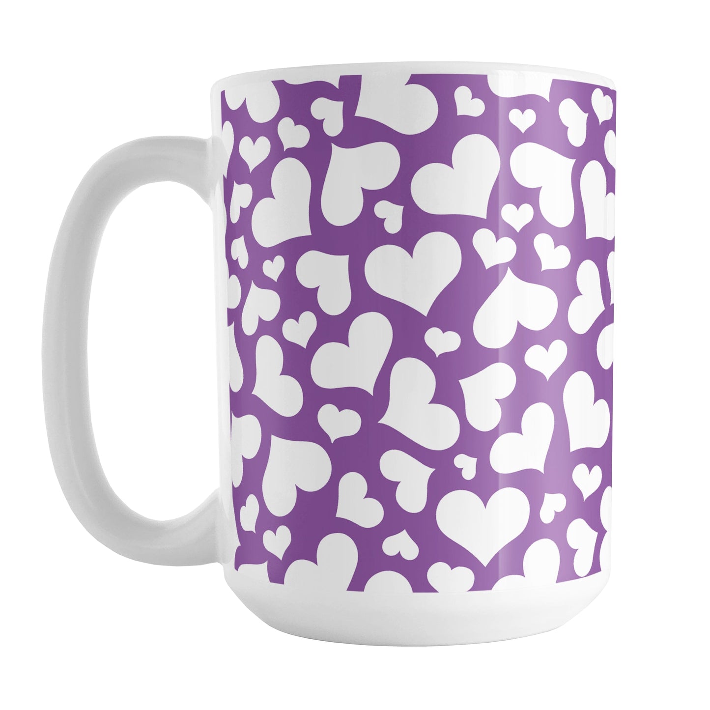 Cute White Hearts on Purple Mug (15oz) at Amy's Coffee Mugs. A ceramic coffee mug designed with a multi-directional pattern of cute white hearts over a purple background color that wraps around the mug to the handle.