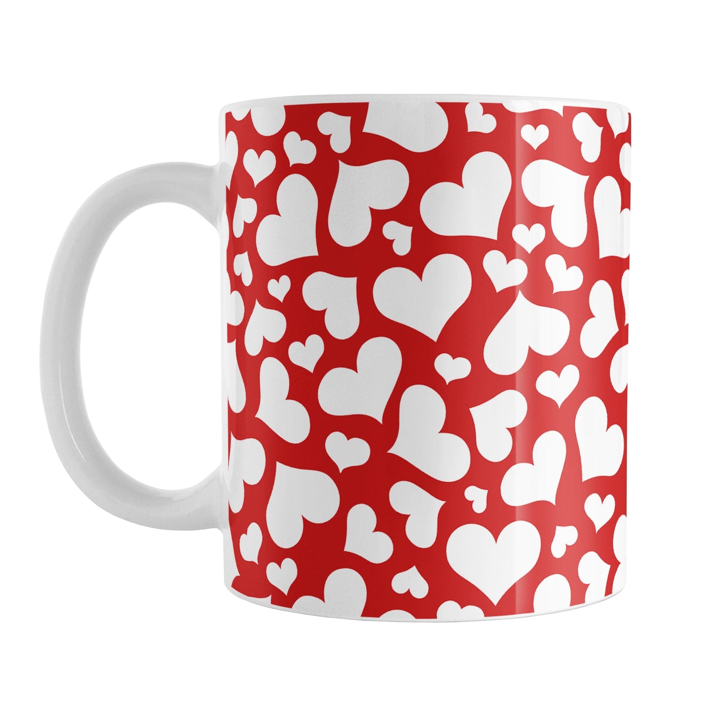 Cute White Hearts on Red Mug (11oz) at Amy's Coffee Mugs. A ceramic coffee mug designed with a multi-directional pattern of cute white hearts over a red background color that wraps around the mug to the handle.