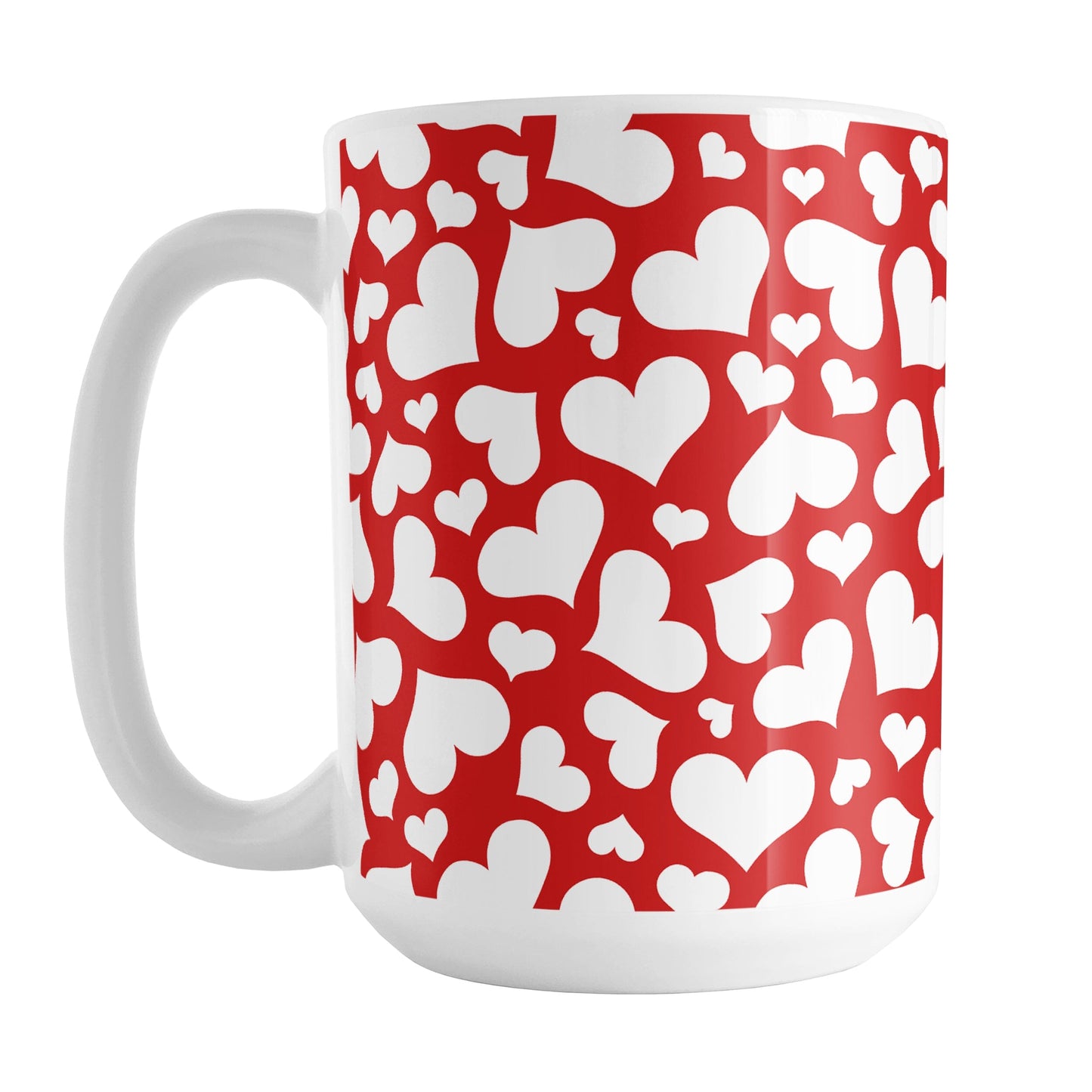 Cute White Hearts on Red Mug (15oz) at Amy's Coffee Mugs. A ceramic coffee mug designed with a multi-directional pattern of cute white hearts over a red background color that wraps around the mug to the handle.