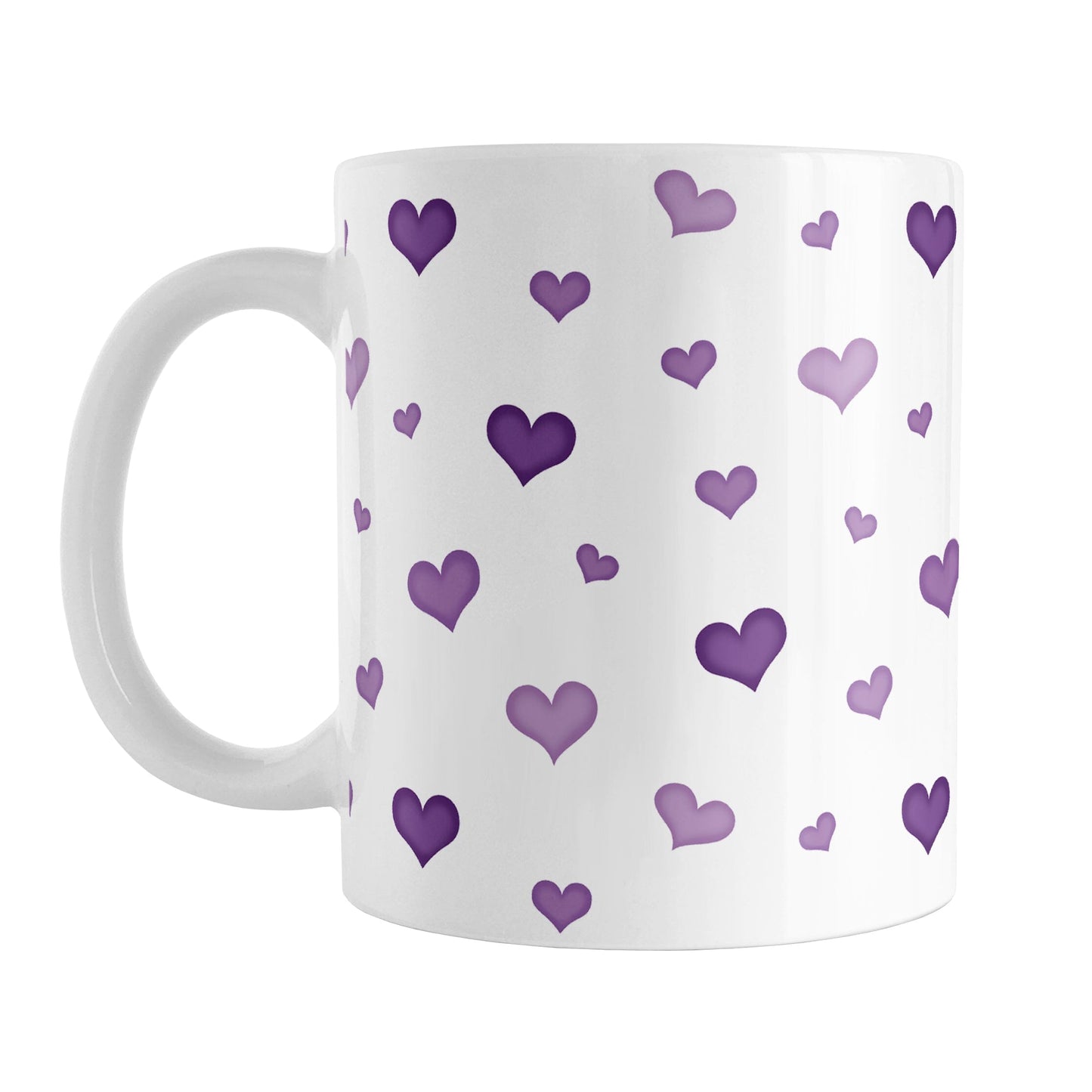 Dainty Cute Purple Hearts Mug (11oz) at Amy's Coffee Mugs. A ceramic coffee mug designed with a print of cute and dainty hand-drawn purple hearts in different shades of purple in a pattern that wraps around the mug up to the handle.