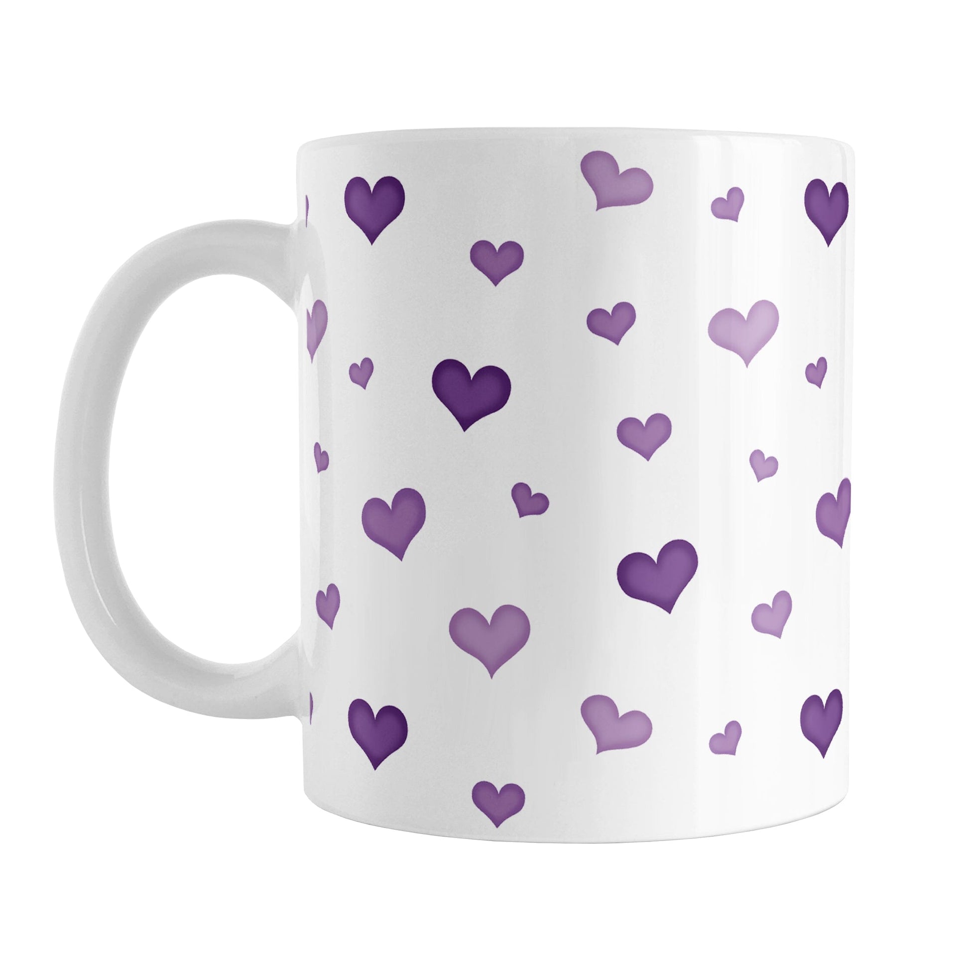 Dainty Cute Purple Hearts Mug (11oz) at Amy's Coffee Mugs. A ceramic coffee mug designed with a print of cute and dainty hand-drawn purple hearts in different shades of purple in a pattern that wraps around the mug up to the handle.