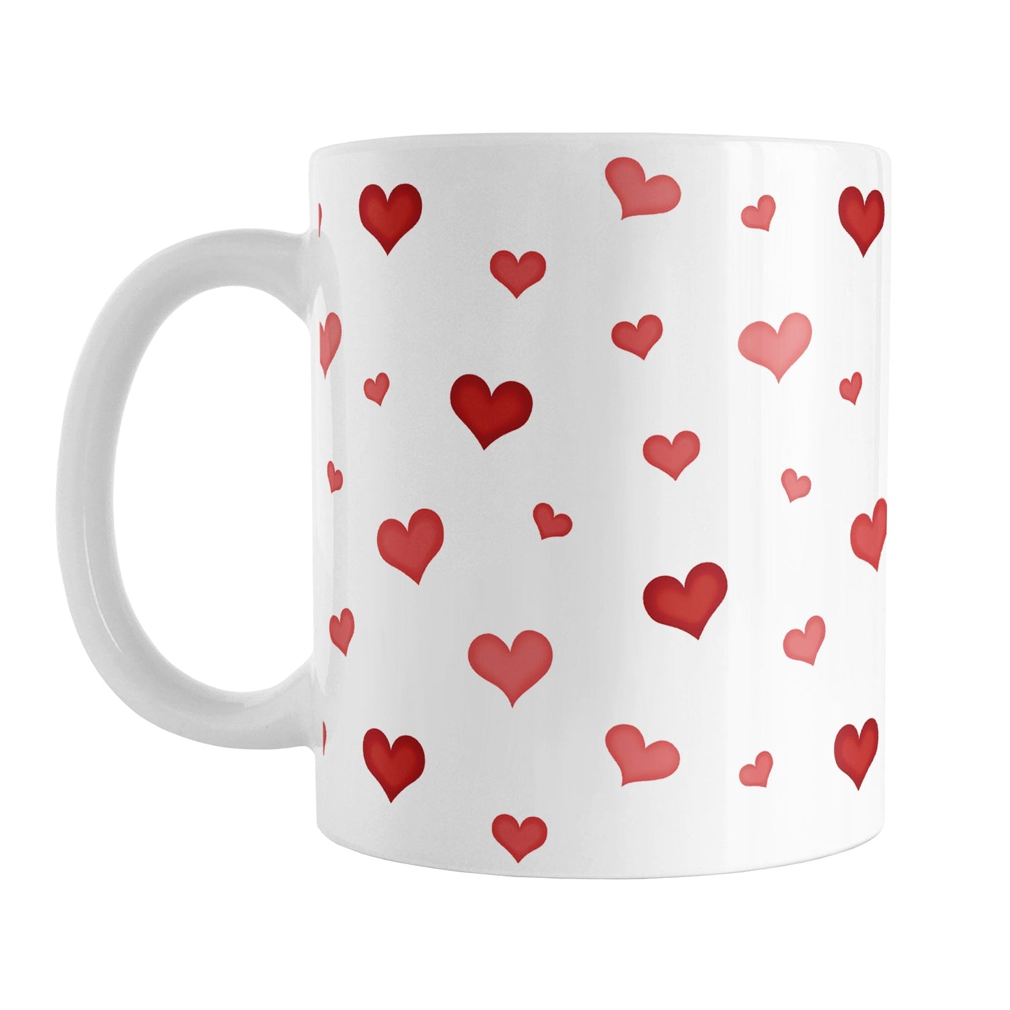 Dainty Cute Red Hearts Mug (11oz) at Amy's Coffee Mugs. A ceramic coffee mug designed with a print of cute and dainty hand-drawn re hearts in different shades of red in a pattern that wraps around the mug up to the handle.