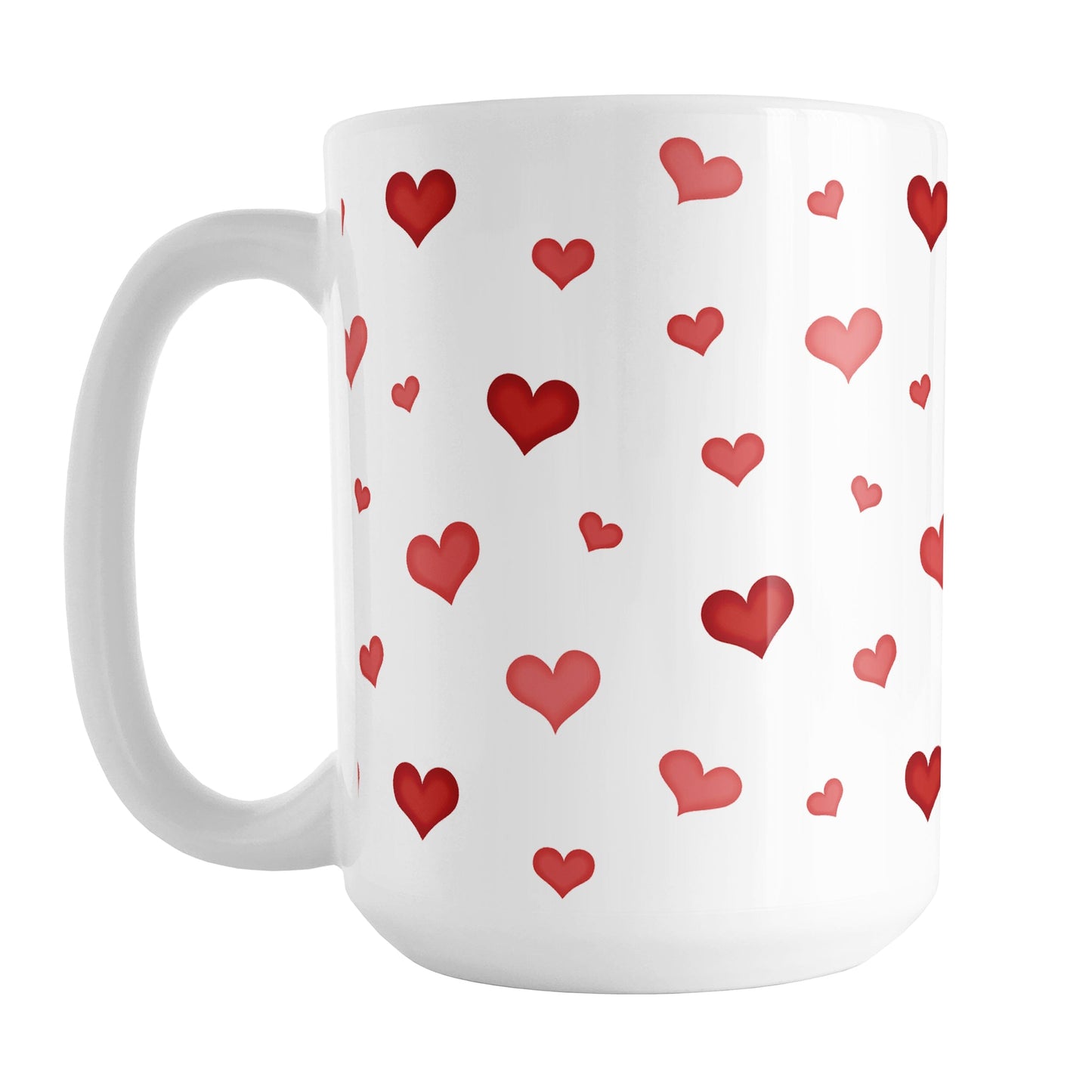 Dainty Cute Red Hearts Mug (15oz) at Amy's Coffee Mugs. A ceramic coffee mug designed with a print of cute and dainty hand-drawn re hearts in different shades of red in a pattern that wraps around the mug up to the handle.