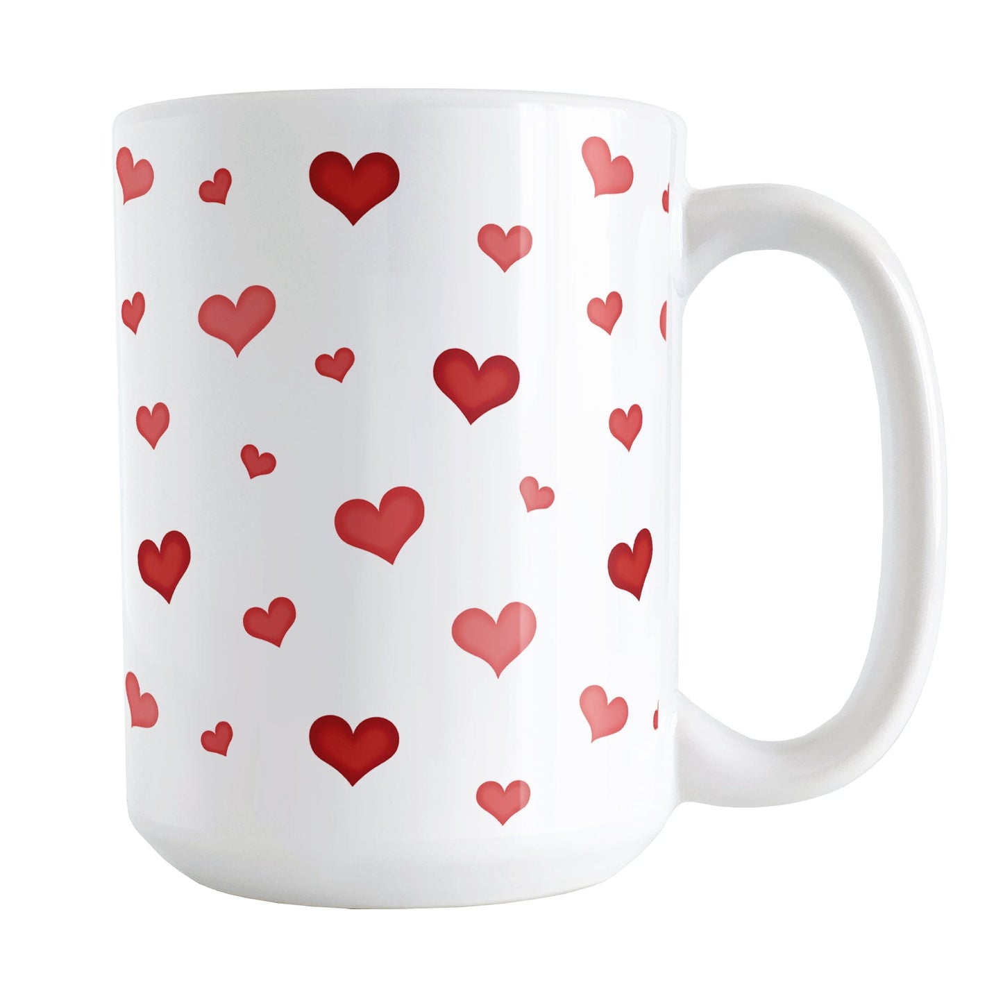 Dainty Cute Red Hearts Mug (15oz) at Amy's Coffee Mugs. A ceramic coffee mug designed with a print of cute and dainty hand-drawn re hearts in different shades of red in a pattern that wraps around the mug up to the handle.