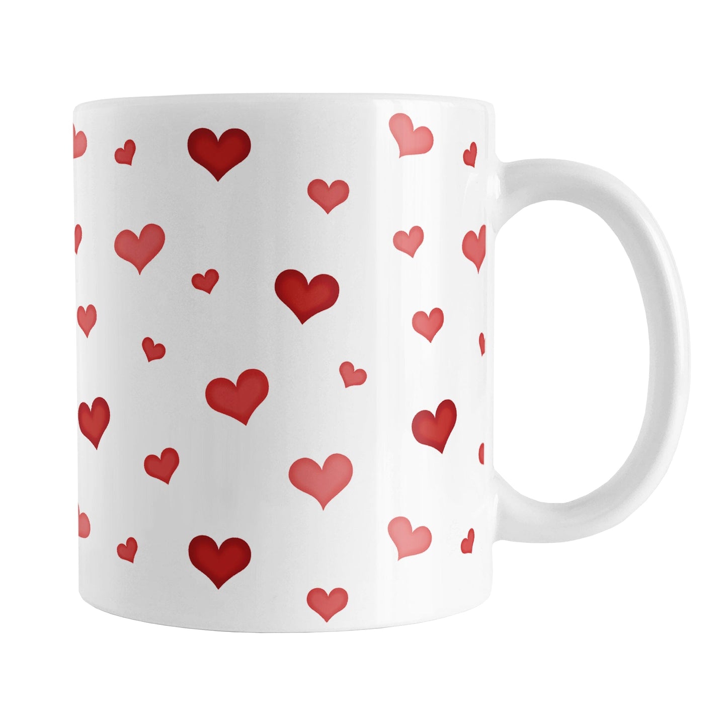 Dainty Cute Red Hearts Mug (11oz) at Amy's Coffee Mugs. A ceramic coffee mug designed with a print of cute and dainty hand-drawn re hearts in different shades of red in a pattern that wraps around the mug up to the handle.