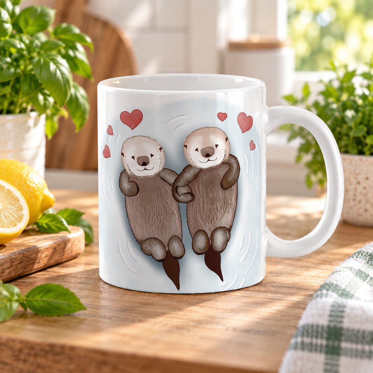 11 oz sea otter mug with two floating otters holding hands in blue water beneath red hearts, displayed on a wooden table in a bright spring kitchen with green plants, tea towel, and lemons.