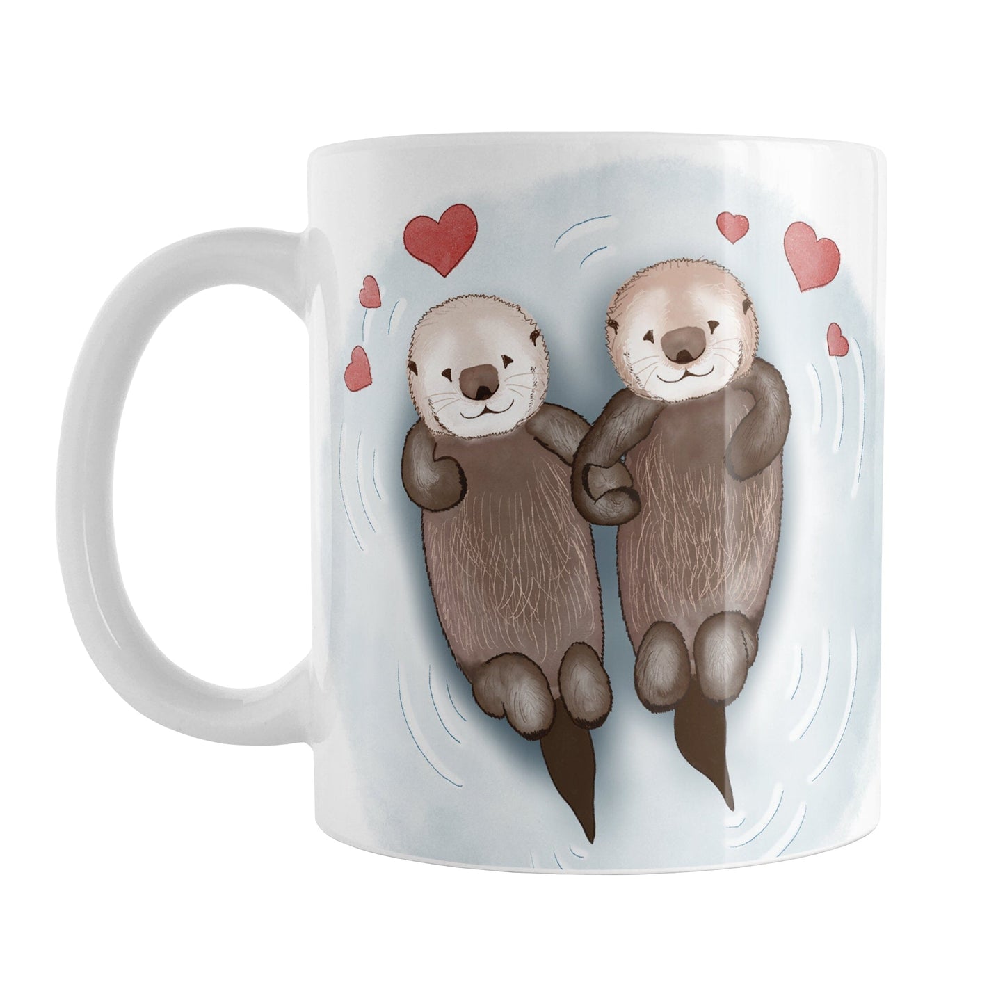 Floating Otters in Love Mug (11oz) at Amy's Coffee Mugs. A ceramic coffee mug designed with a hand-drawn illustration of two cute otters floating in the water, holding hands in love, with red hearts above them. This adorable drawing is on both sides of the mug.