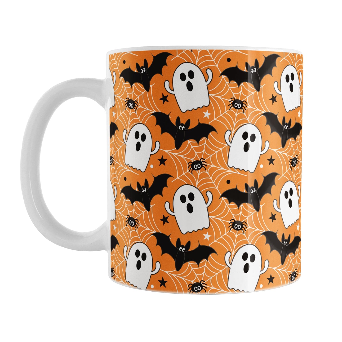 Halloween-themed mug with ghosts, bats, and spider webs on an orange background