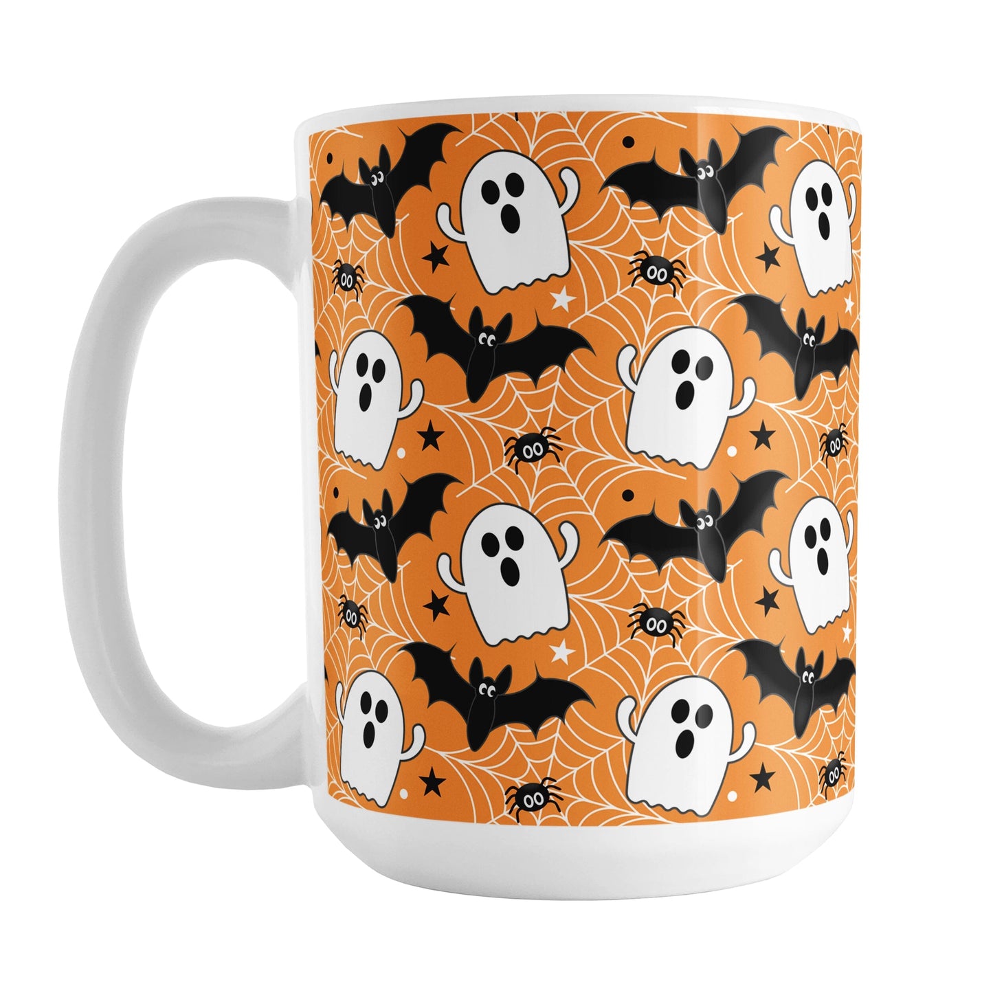 Halloween-themed mug with ghosts, bats, and spider webs on an orange background