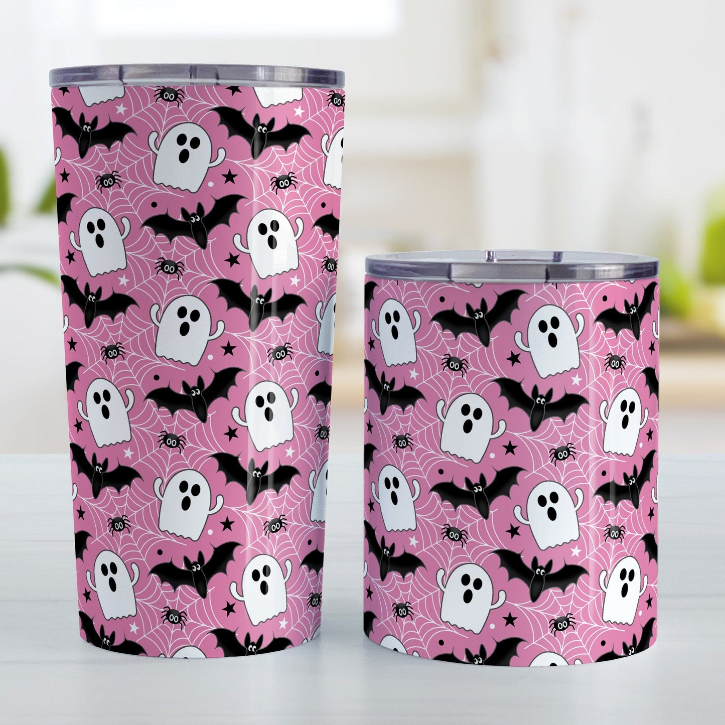 Ghosts Bats and Spiders Pink Halloween Tumbler Cup at Amy's Coffee Mugs