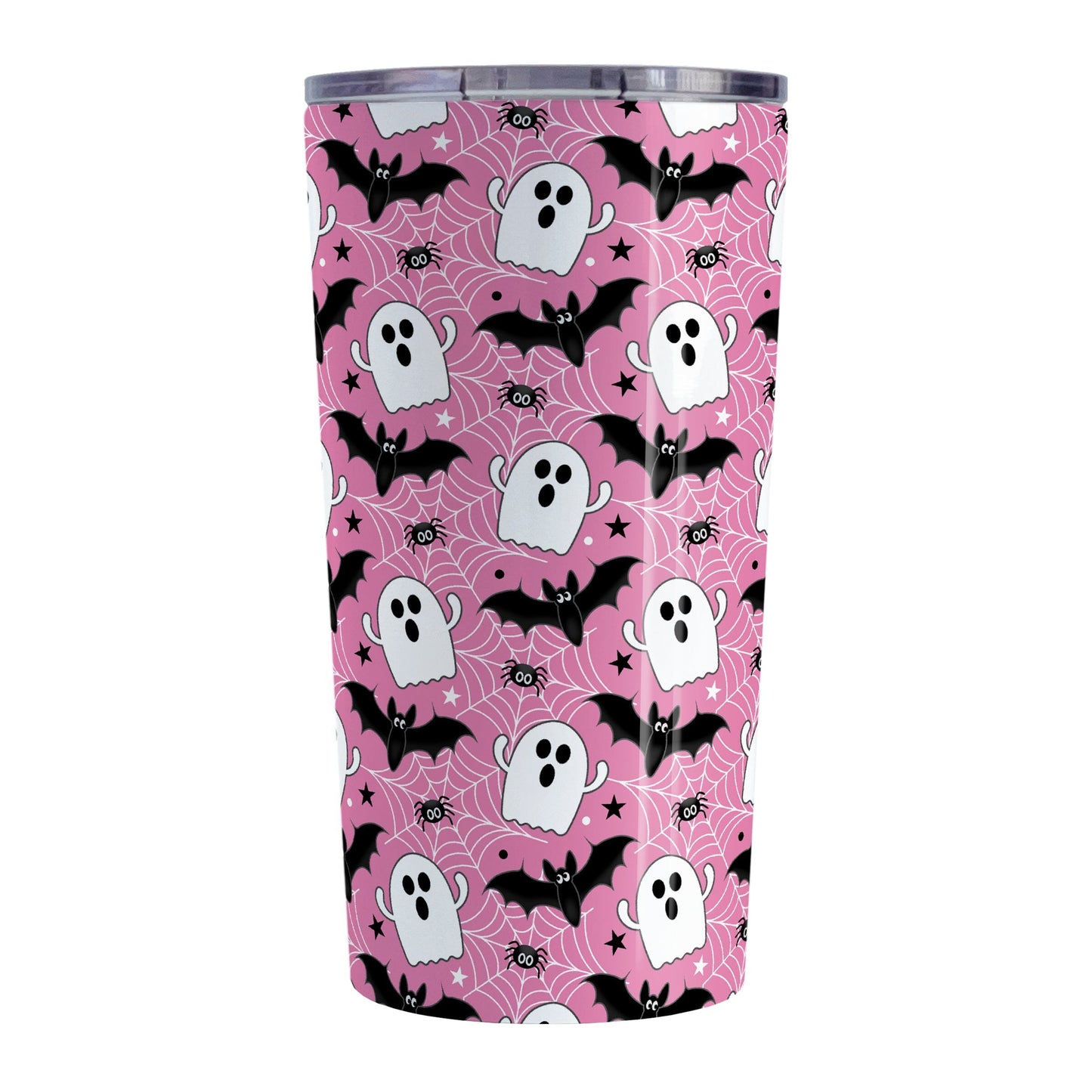 Ghosts Bats and Spiders Pink Halloween Tumbler Cup at Amy's Coffee Mugs
