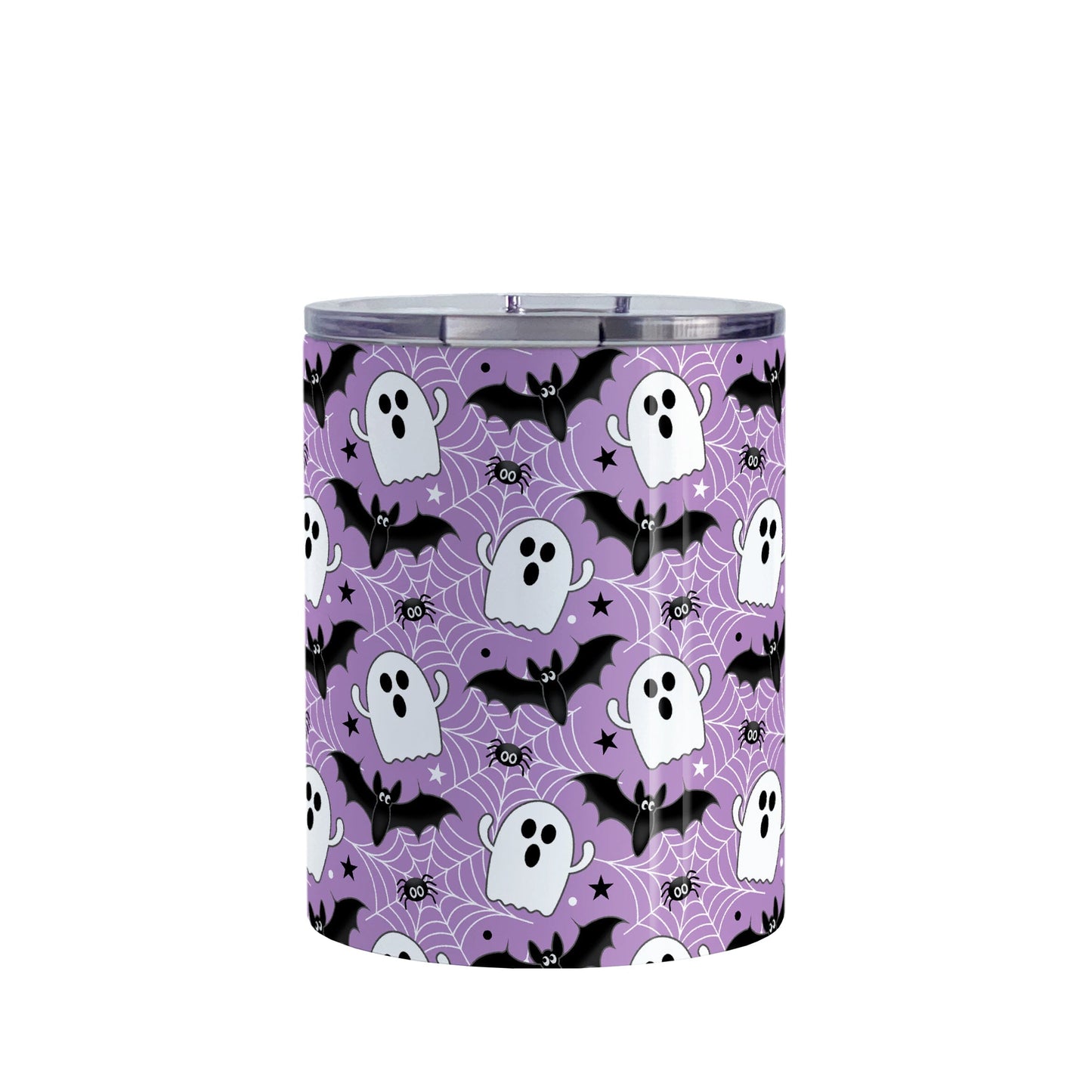 Tumbler with Halloween-themed design featuring ghosts, bats, and spider webs on a purple background.