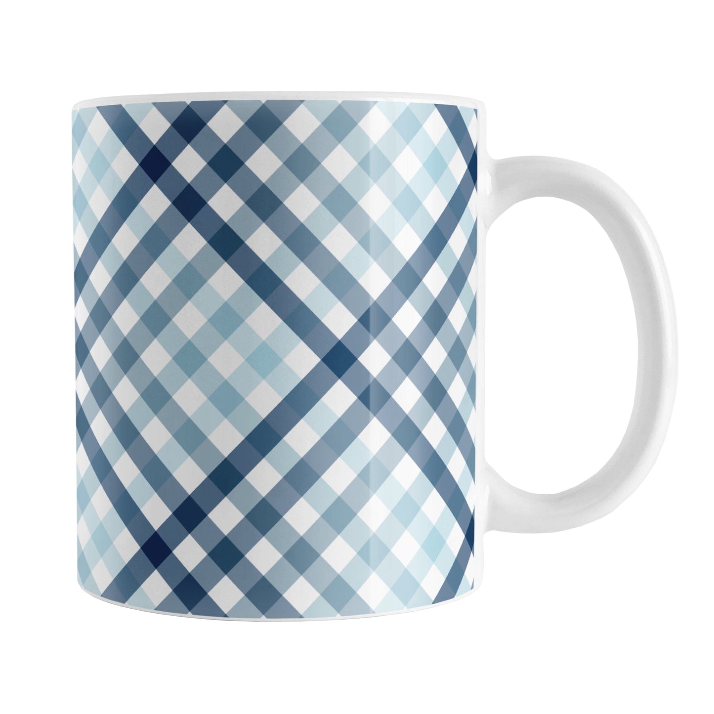 Gradient Blue Gingham Mug (11oz) at Amy's Coffee Mugs. A ceramic mug with a stepped gradient blue gingham pattern that wraps around the mug up to the handle. It's a modern take on a classic black and white check pattern with blue tones progressing from navy blue to light blue.