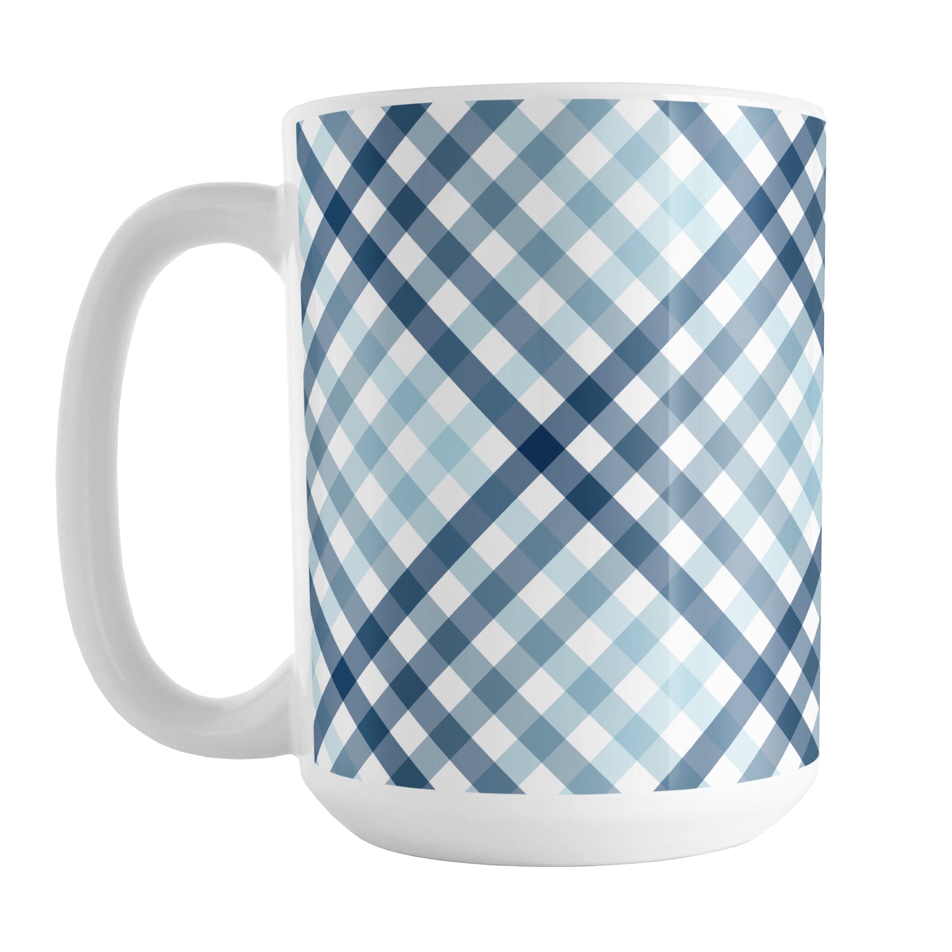 Gradient Blue Gingham Mug (15oz) at Amy's Coffee Mugs. A ceramic mug with a stepped gradient blue gingham pattern that wraps around the mug up to the handle. It's a modern take on a classic black and white check pattern with blue tones progressing from navy blue to light blue.