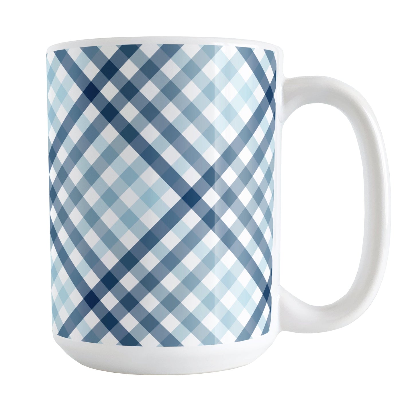 Gradient Blue Gingham Mug (15oz) at Amy's Coffee Mugs. A ceramic mug with a stepped gradient blue gingham pattern that wraps around the mug up to the handle. It's a modern take on a classic black and white check pattern with blue tones progressing from navy blue to light blue.