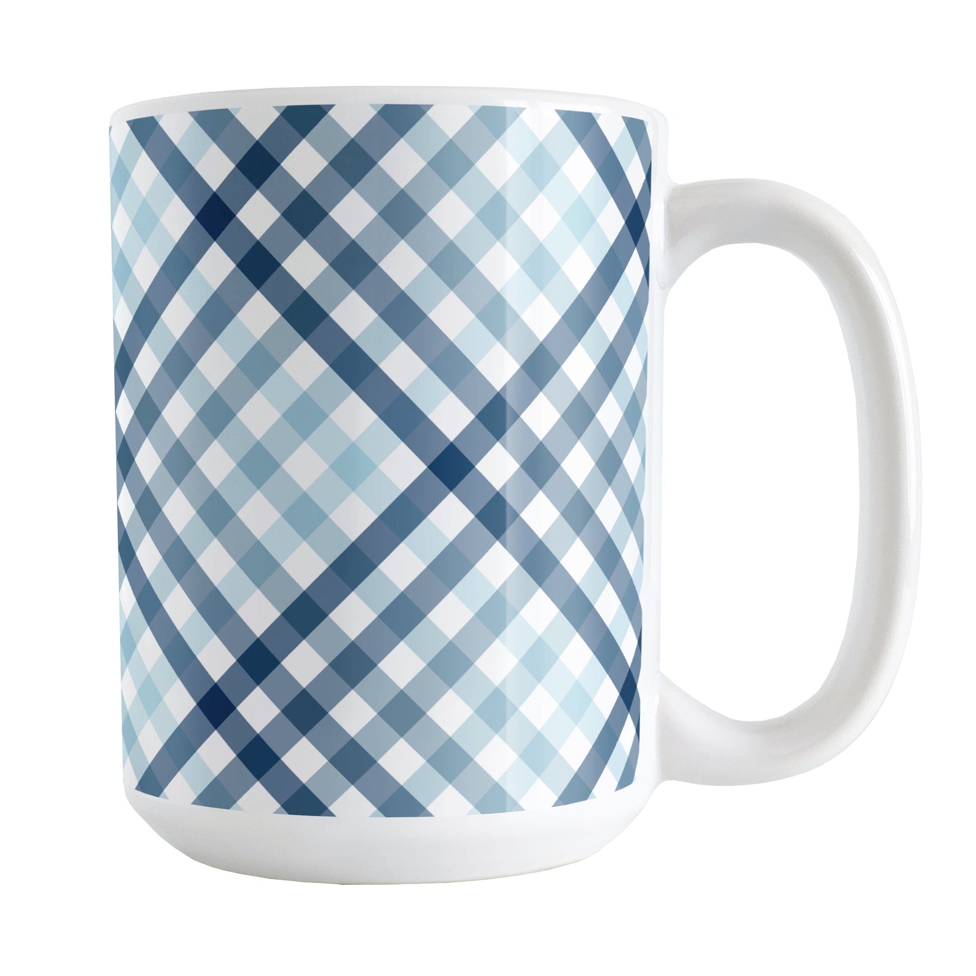 Gradient Blue Gingham Mug (15oz) at Amy's Coffee Mugs. A ceramic mug with a stepped gradient blue gingham pattern that wraps around the mug up to the handle. It's a modern take on a classic black and white check pattern with blue tones progressing from navy blue to light blue.