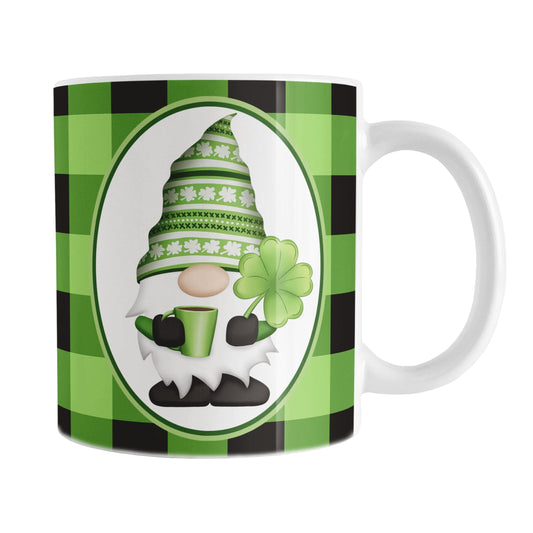 11oz mug with a green and black checkered (buffalo plaid) pattern featuring a gnome and four-leaf clover design