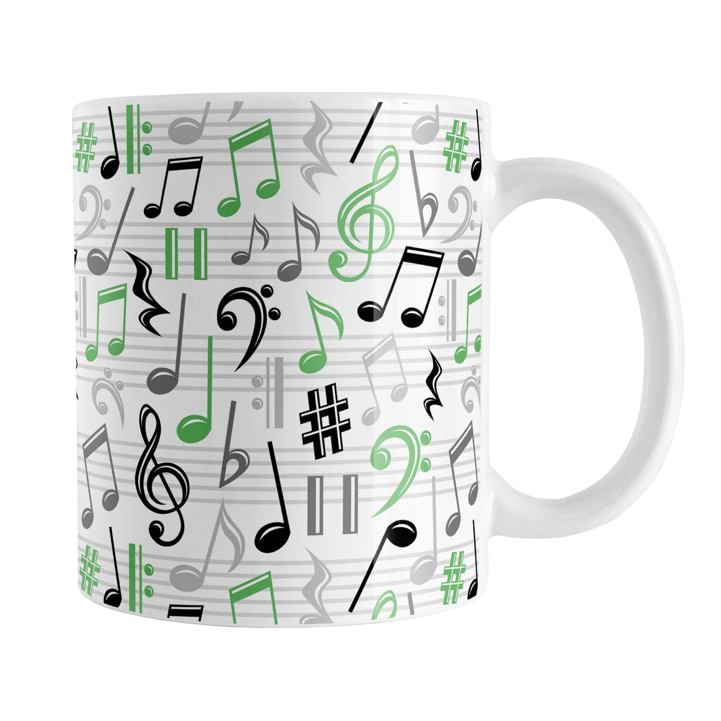 Green Music Notes Pattern Mug (11oz) at Amy's Coffee Mugs. A ceramic coffee mug designed with music notes and symbols in green, black, and gray in a pattern that wraps around the mug to the handle.